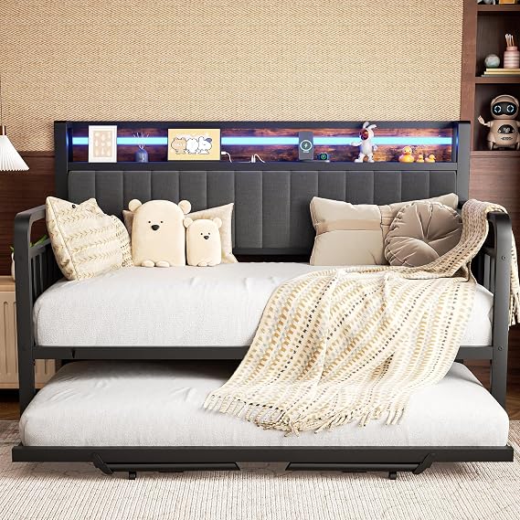 Daybed with Pop Up Trundle and LED Light, Heavy Duty Metal Twin Bed Frame with Upholstered Storage Headboard and Charging Station, Sturdy Day bed for Living Room, Bedroom and Guest Room (Brown)