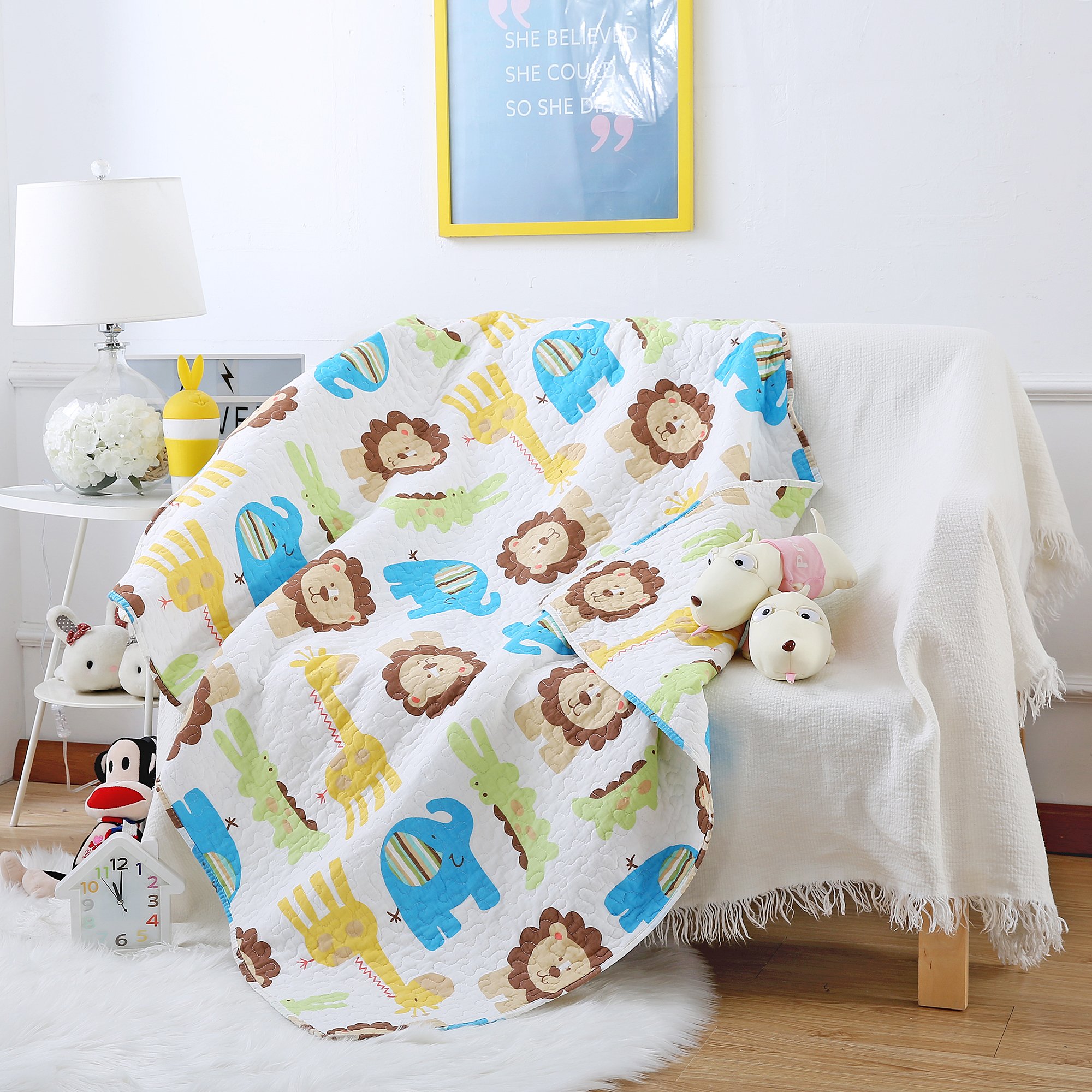 USTIDE Baby Kids Quilts Cover for Cotbed Lion Pattern Quilt Cover for Boys Reversible Cotton Quilted Throw Blankets 110x130cm, Lion