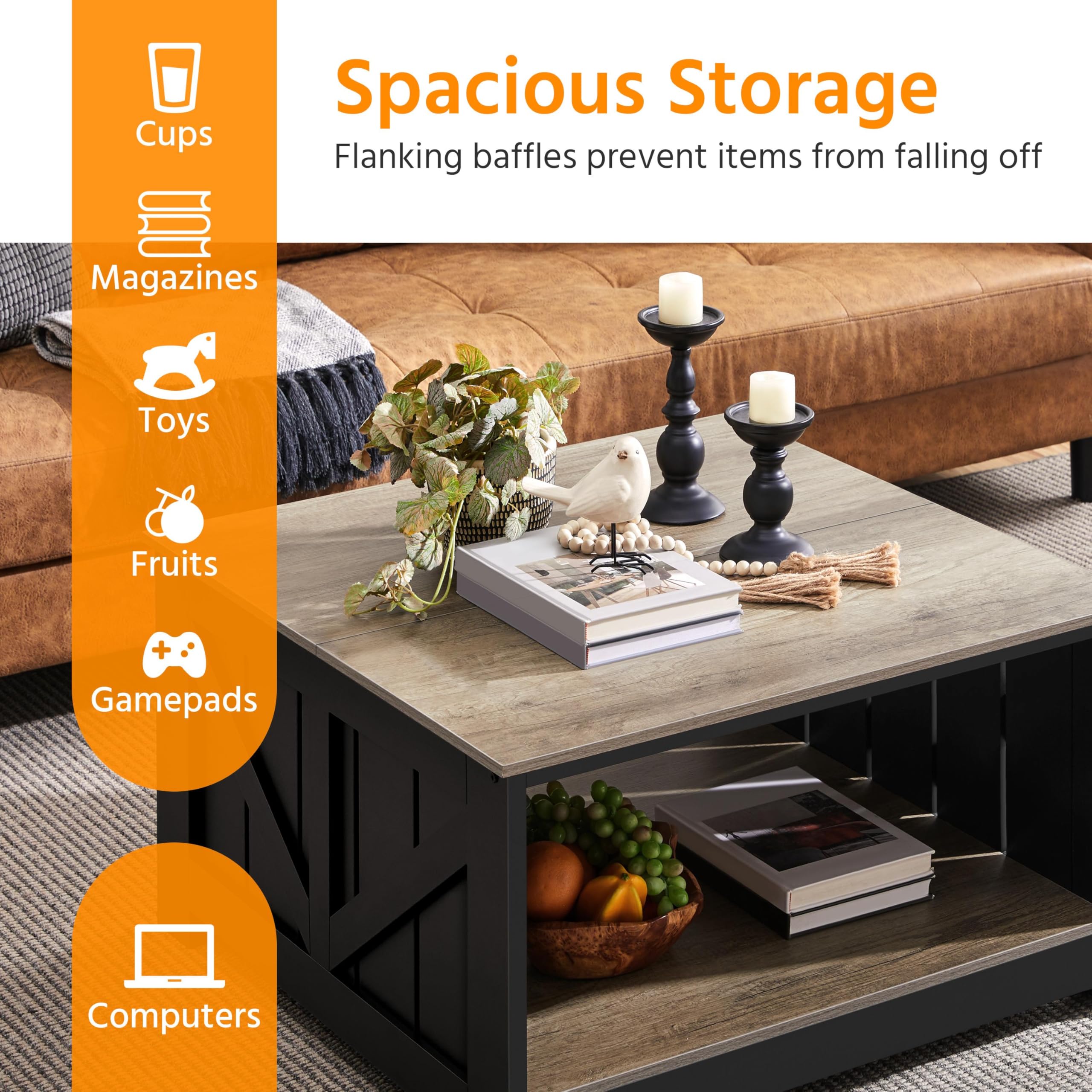 Yaheetech Mesa de Centro con Revistero Mesita Baja Sofá | Mesa de Café de Madera MDF para Salón Sala de Estar Negro Gray 80×80×45 cm