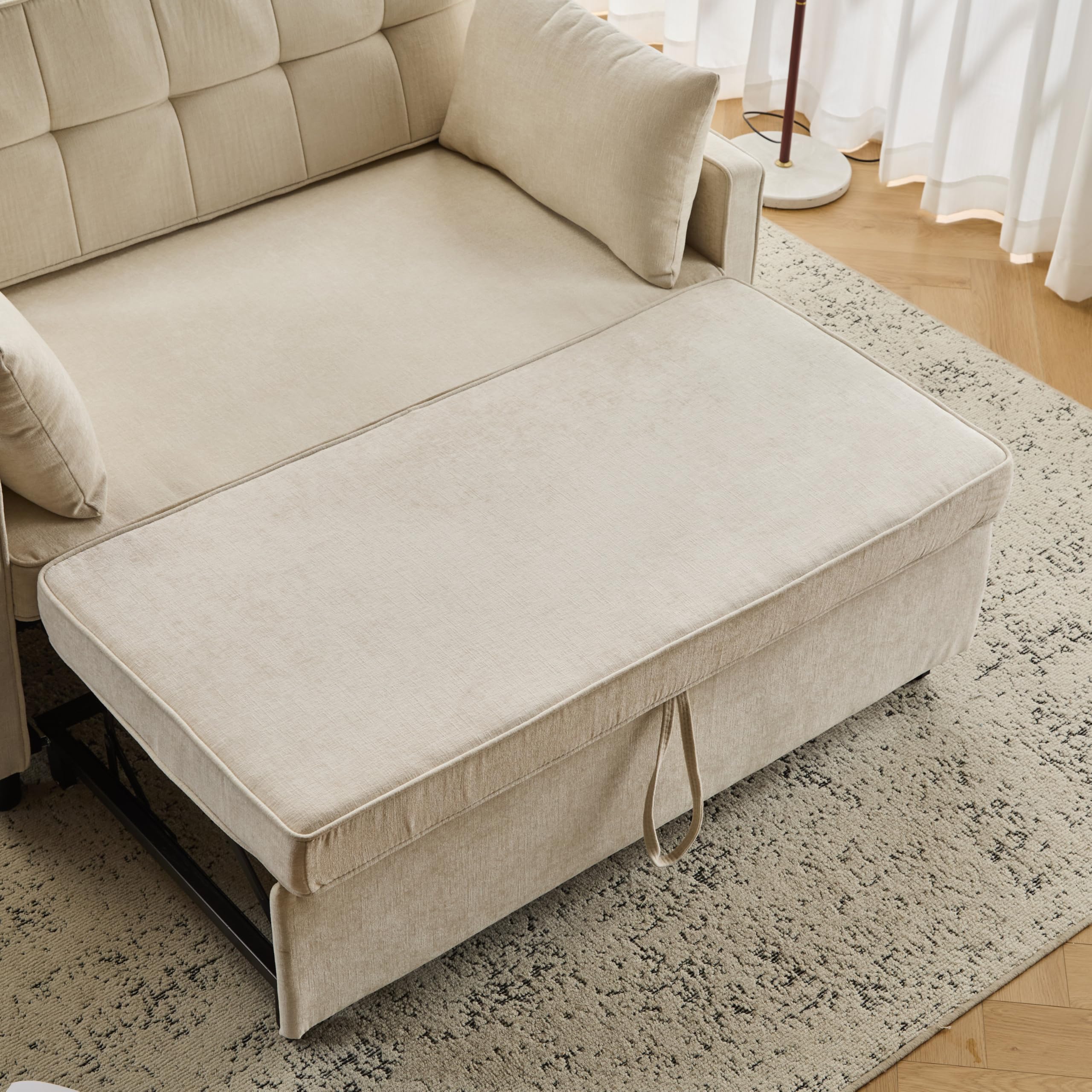 Divano a due posti, divano letto matrimoniale, schienale regolabile, tessuto di ciniglia, schiuma ad alta densità, divano da salotto (Beige)