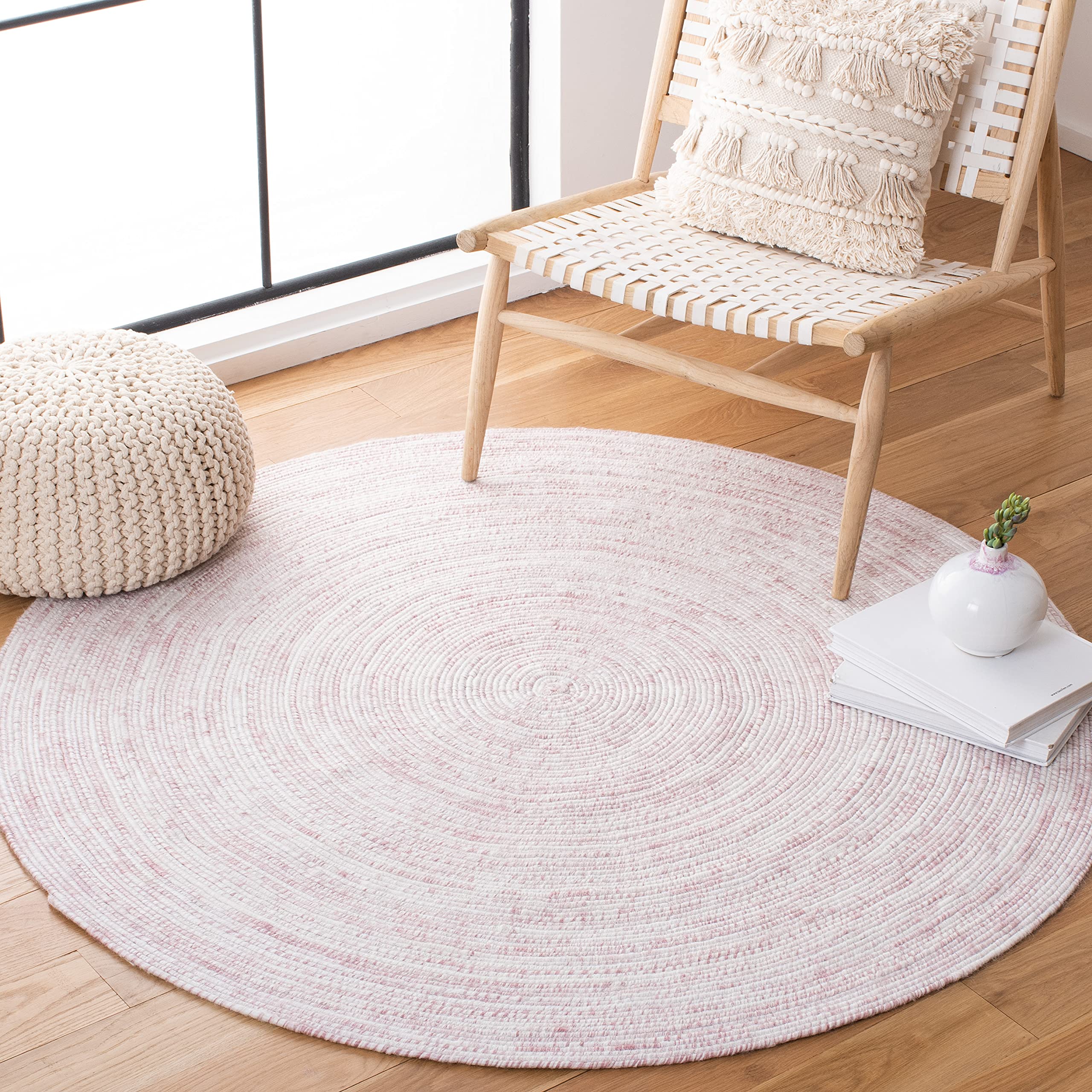 SAFAVIEH Braided Collection 6' Round Ivory/Pink BRD270U Handmade Entryway Foyer Living Room Bedroom Kitchen Area Rug
