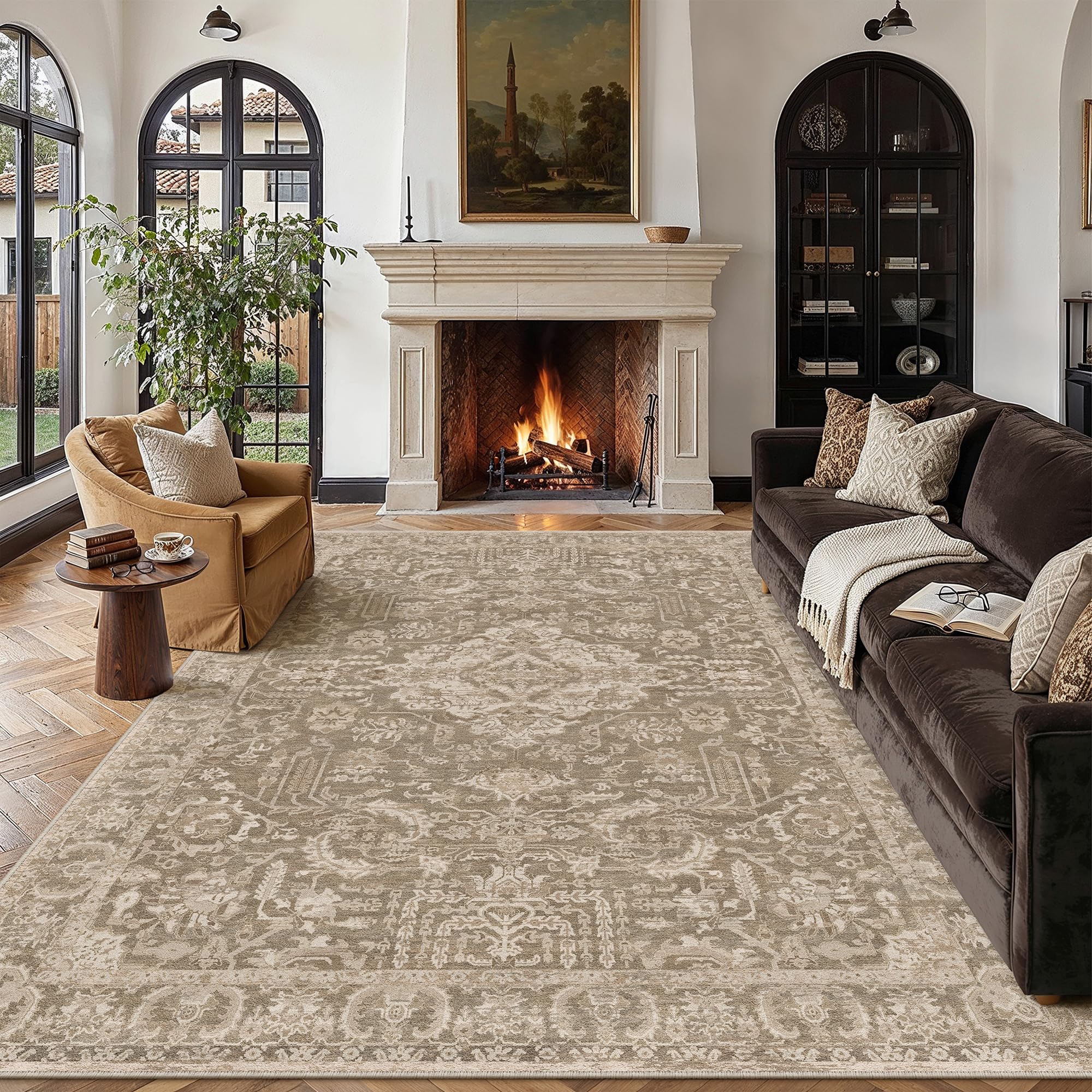 hugear 9x12 area rug taupe machine washable rug distressed room decor vintage living room carpet low pile non slip throw rugs for bedroom dining room soft lightweight