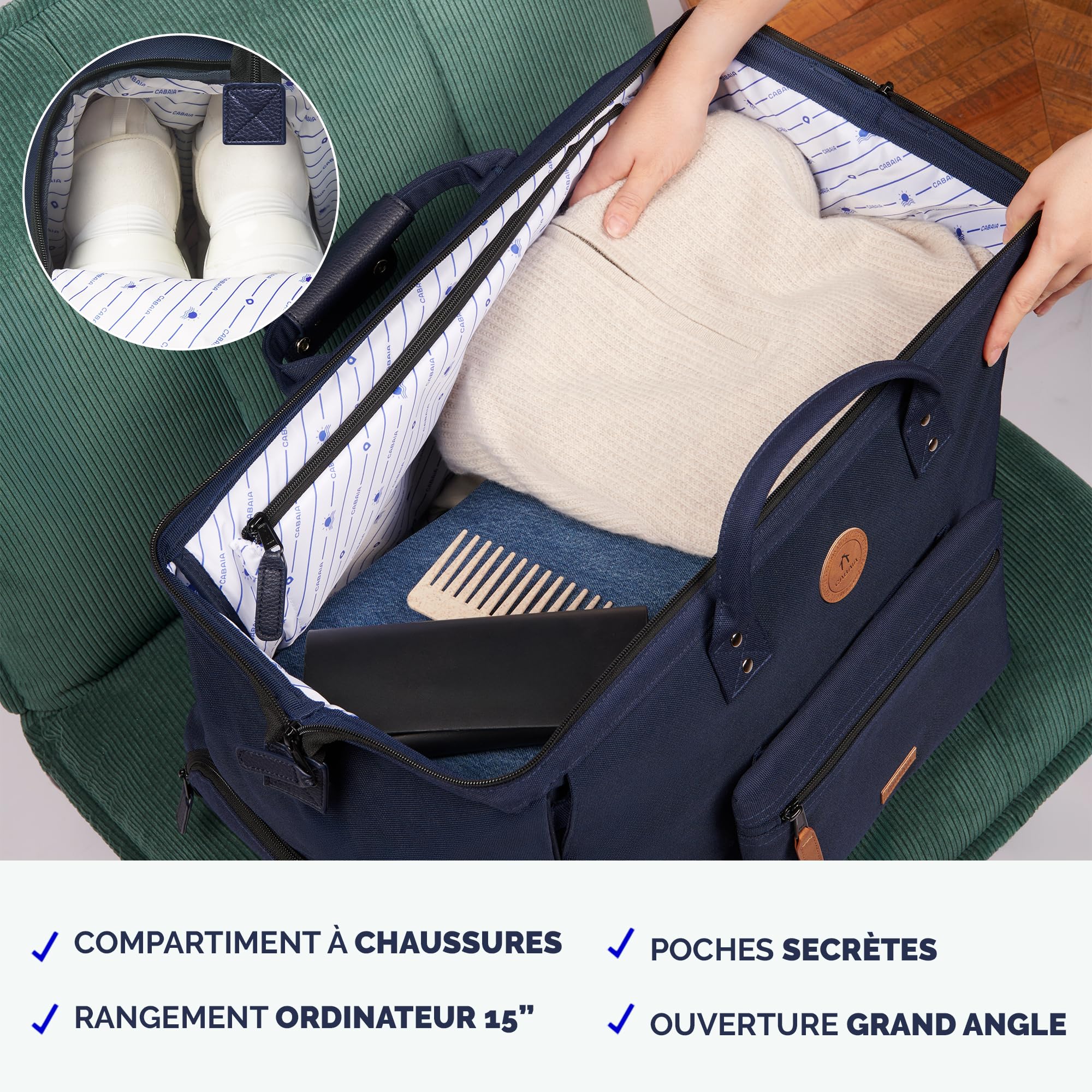 CABAIA - Sac de Voyage Duffle Adventurer Berlin 40L - Compatible Bagage Cabine 45x30x29 - Déperlant & Certifié Vegan - 2 Poches - Compartiment à Chaussures - Sac Week-End, Sac de Sport - Noir