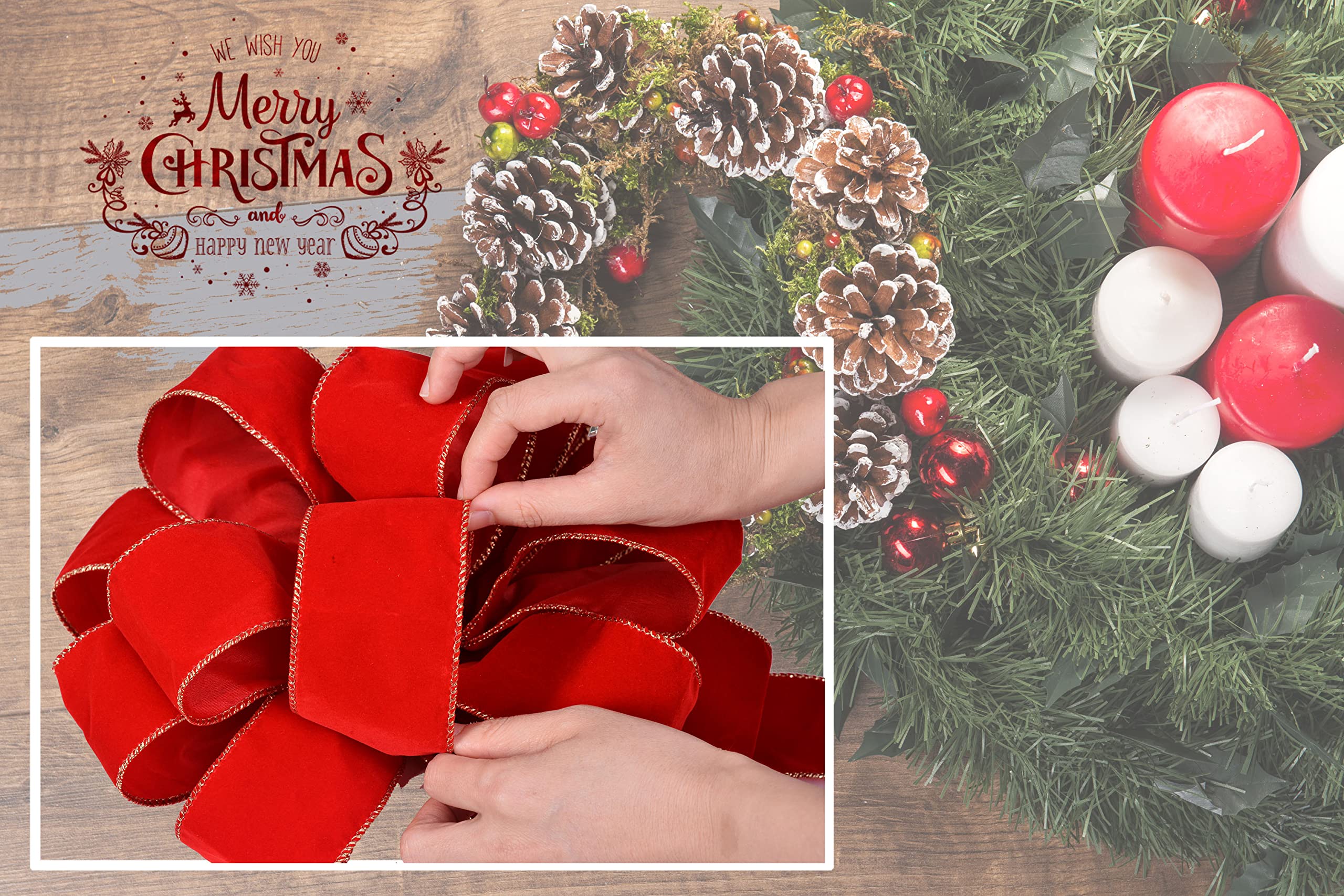 3 lazos de Navidad de terciopelo rojo con alambre dorado, hechos a mano (26 x 12 pulgadas), lazos de cinta grandes, decoración de árbol de Acción de Gracias, lazo de corona, decoración de árbol, lazos