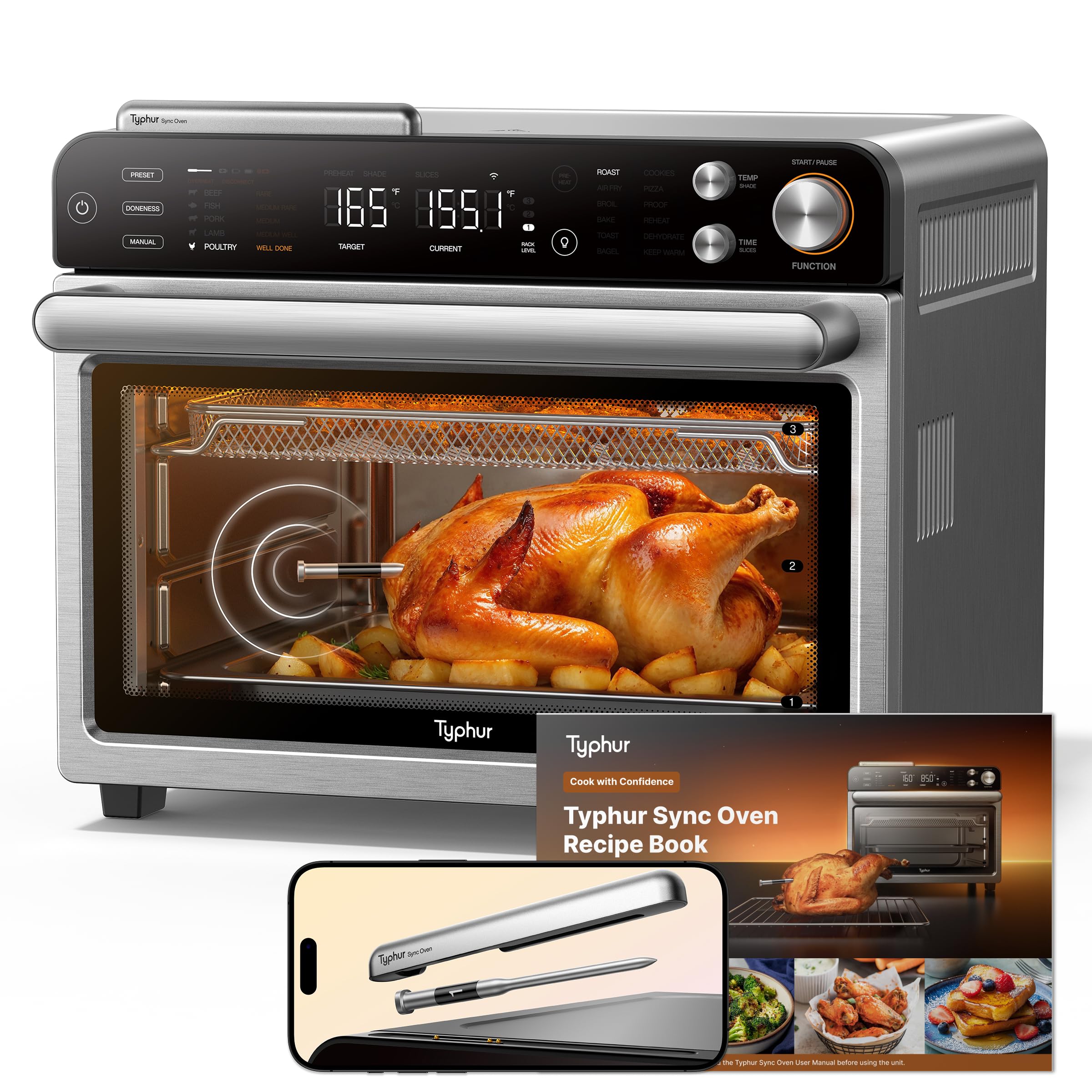 Typhur Sync Oven with Smart Wireless Meat Thermometer Probe, 12‑in‑1 Countertop Air Fryer Toaster Oven Combo, 360° Turbo Convection, Dehydrator, Recipes & 5 Accessories, Large 27QT, Metal Grey