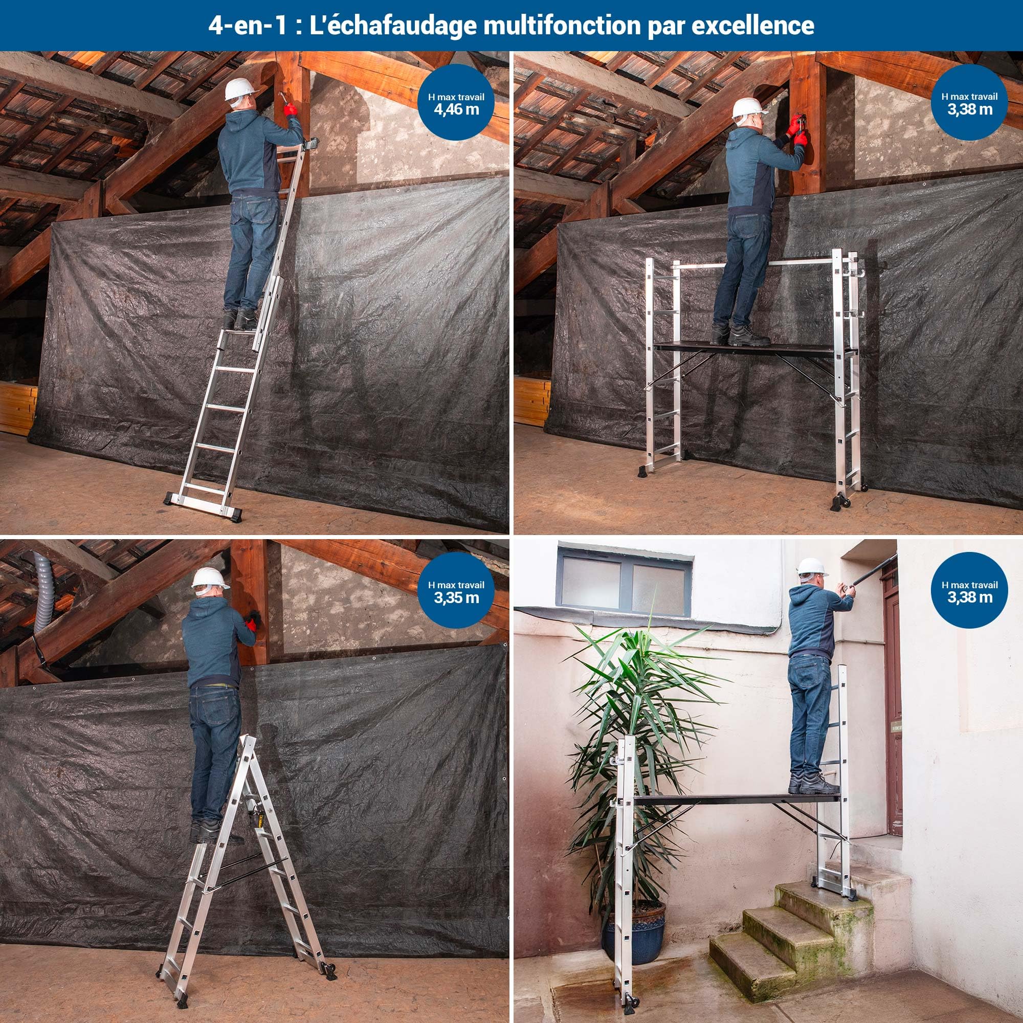 HOSTRÖM Echafaudage Roulant SCAFFOLDAX2X6, échafaudage Jardin et Pliant Multifonction 4 en 1, echelle 2 Plans, H Max Travail 4,46m, Garantie 5 Ans