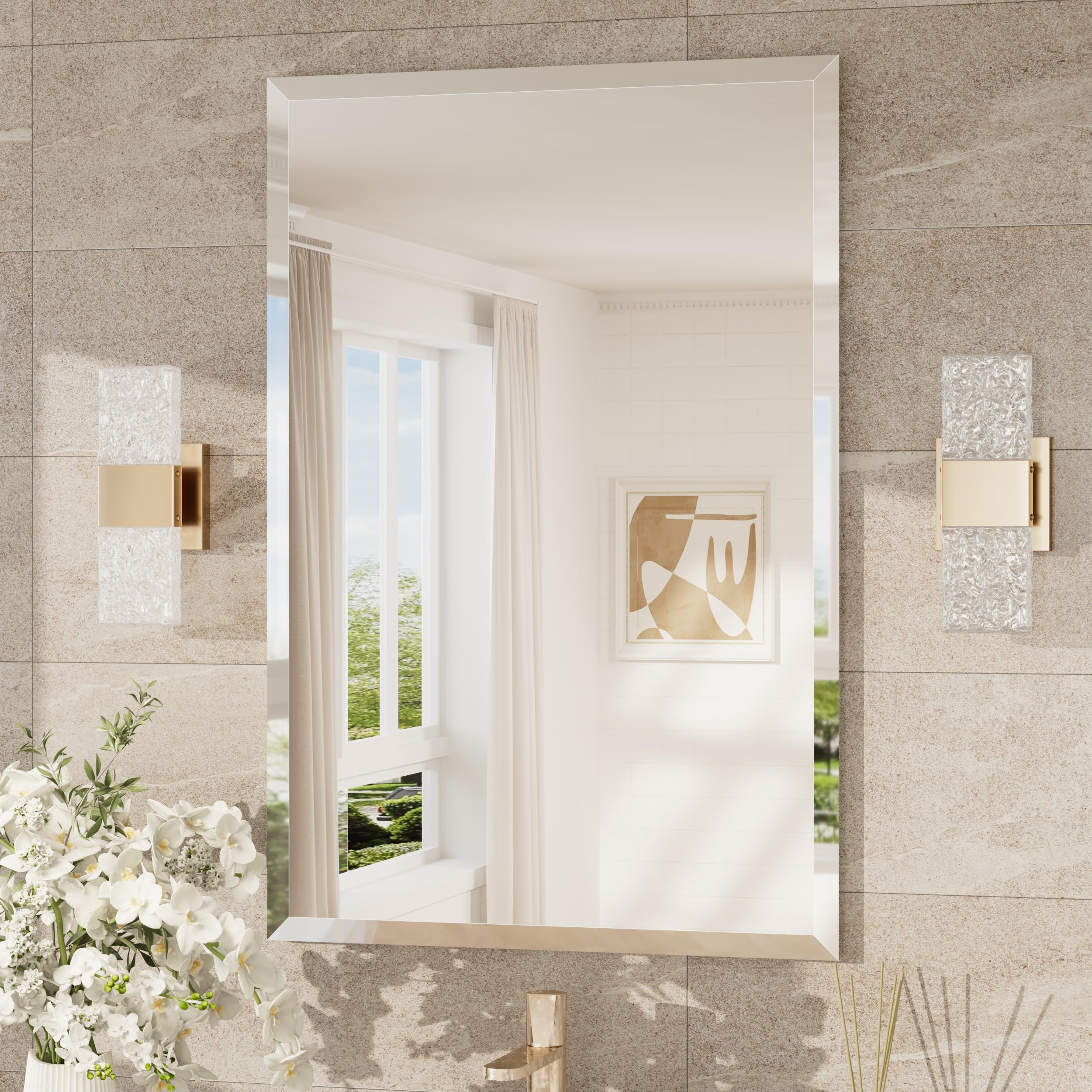 Keonjinn Frameless Bathroom Mirror 60x90cm, Wall Mounted Mirror With Bevelled Edge Design, Rectangular Vanity Mirror for Bathroom, Hallway, Living Room