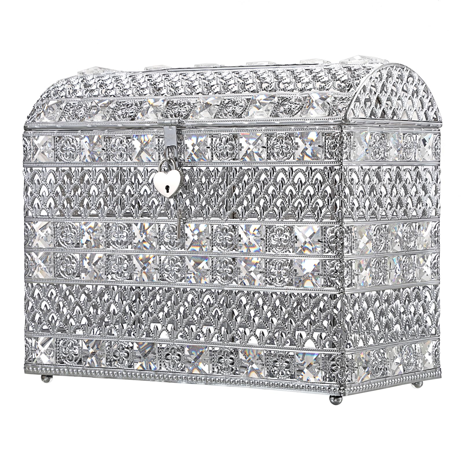 Photo 1 of ELLDOO Crystal Wedding Card Box with Heart Lock, Vintage Money Card Box Treasure Chest Style Silver Gift for Wedding Receptions, Centerpiece Decor, Anniversary Keepsake, Gift, Large Size