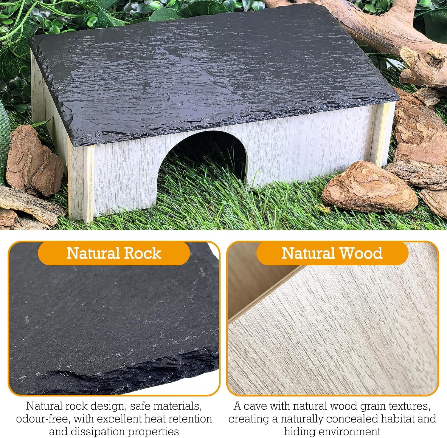 PINVNBY Large Bearded Dragon Basking Platform, Wooden Snake Hide, Ball Pythons Hide with Slate Rock, Leopard Gecko Tank Accessories for Crested Gecko Chameleon Turtles (L: 11.8x7.87x2.76 inches)