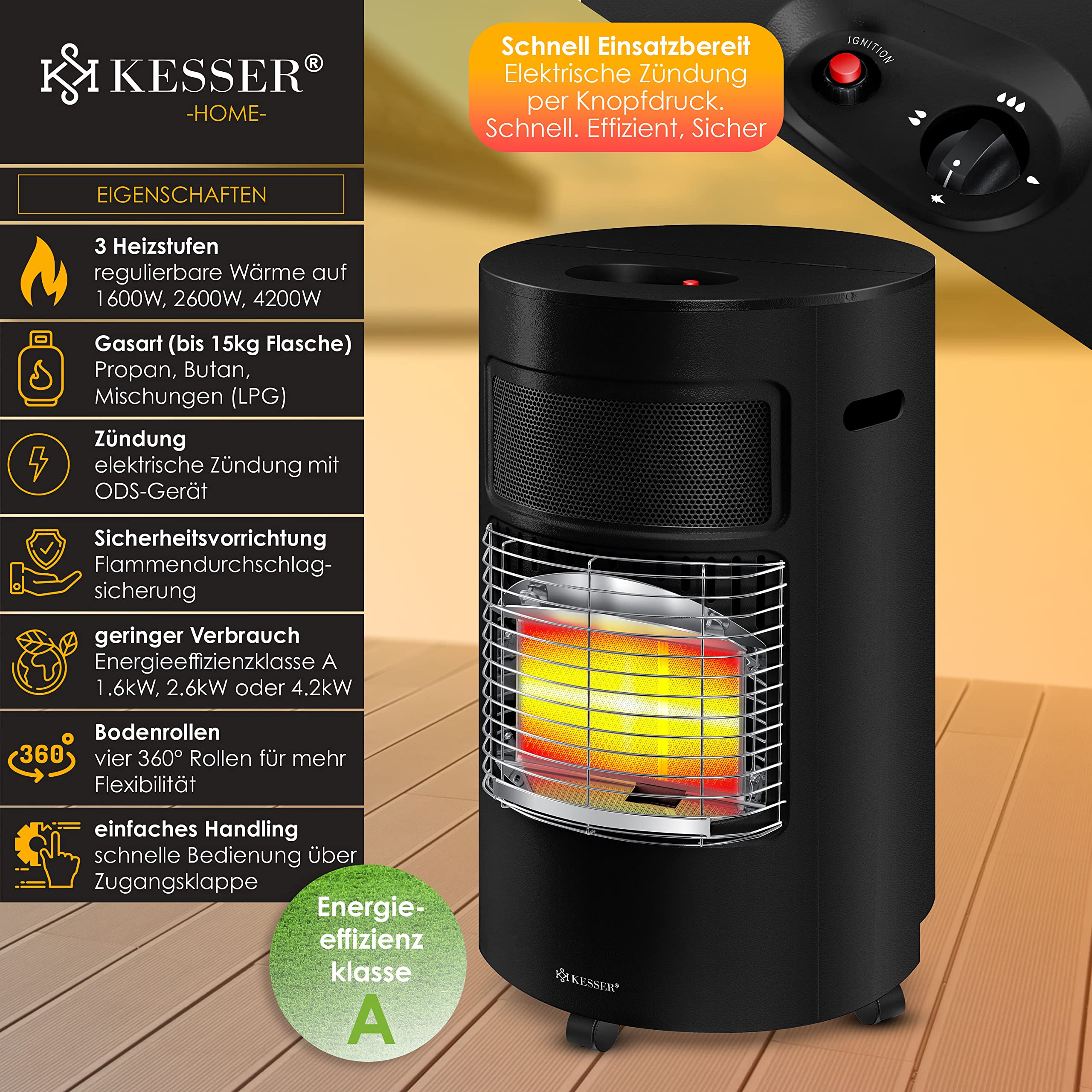 KESSER® Riscaldatore a gas 4200 Watt stufa a infrarossi in ceramica per bombole butano propano