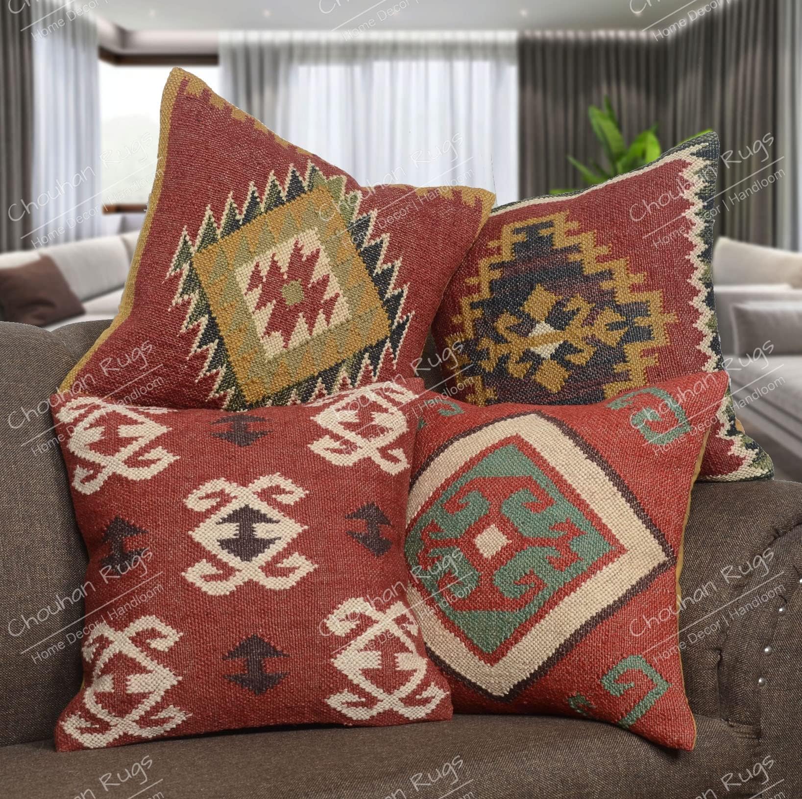 Chouhan Rugs 4 PCS Set of Hand Woven Jute Kilim Cushion Cover Indian Vintage Pillows 18X18 Rug Boho Shams (Pattern 5)