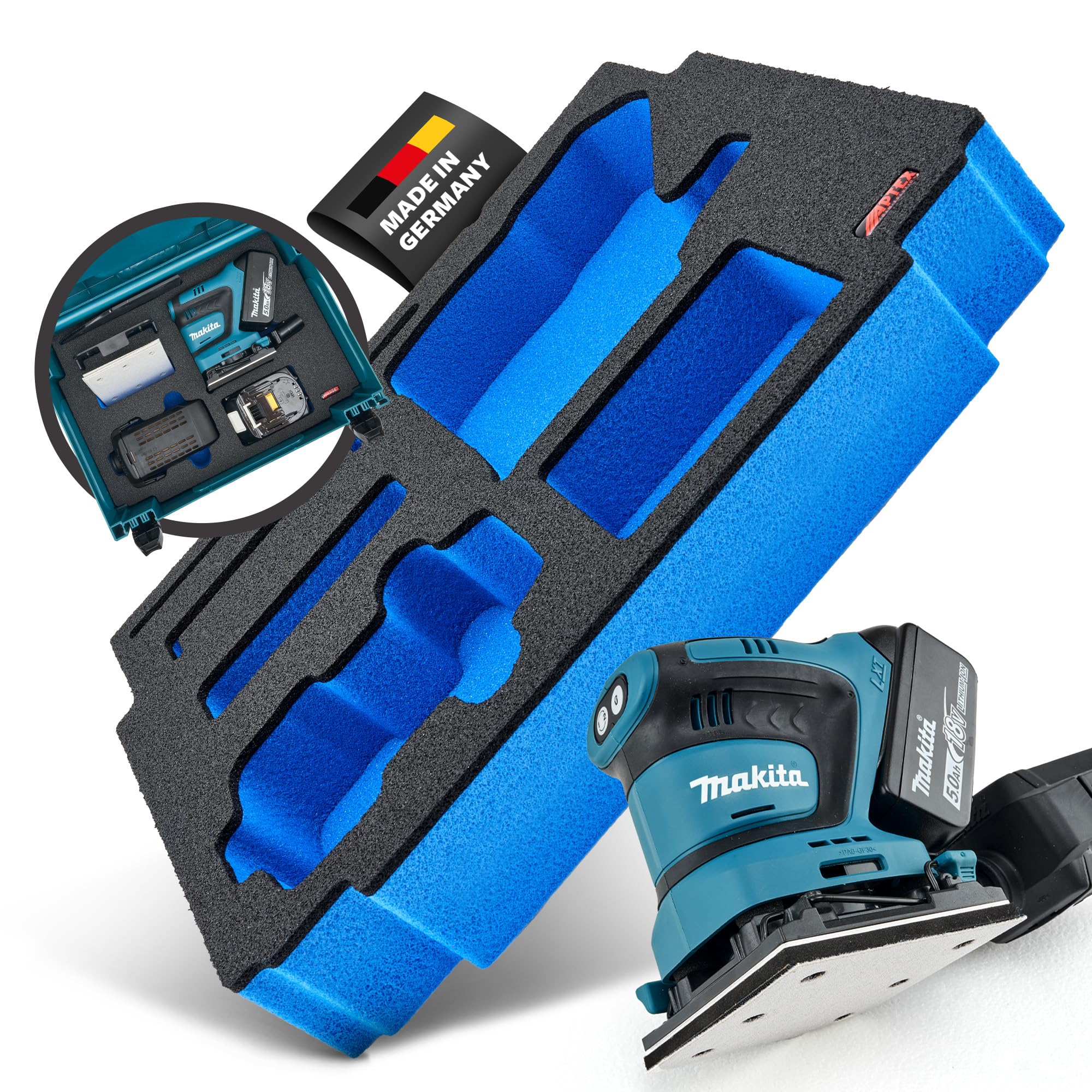 APTEX Schaumeinlage für Makita DBO 480–482 Akku-Schwingschleifer – Polstereinlage & Schaumstoffpolsterung für MakPac Gr. 2‑3 und Makita Zubehör