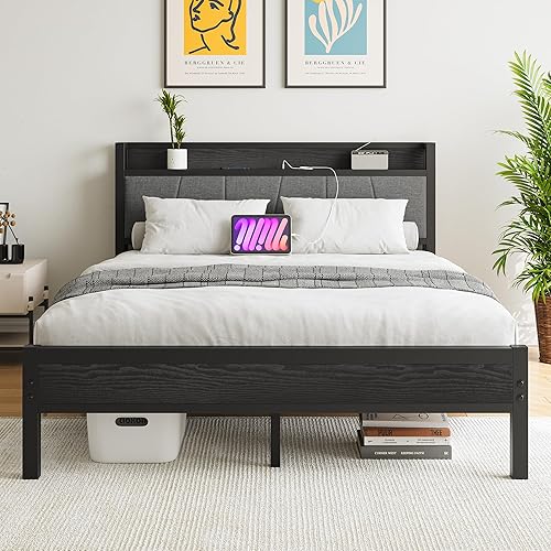 Queen Bed Frame with Headboard,Metal Upholstered Platform Bed Frame with