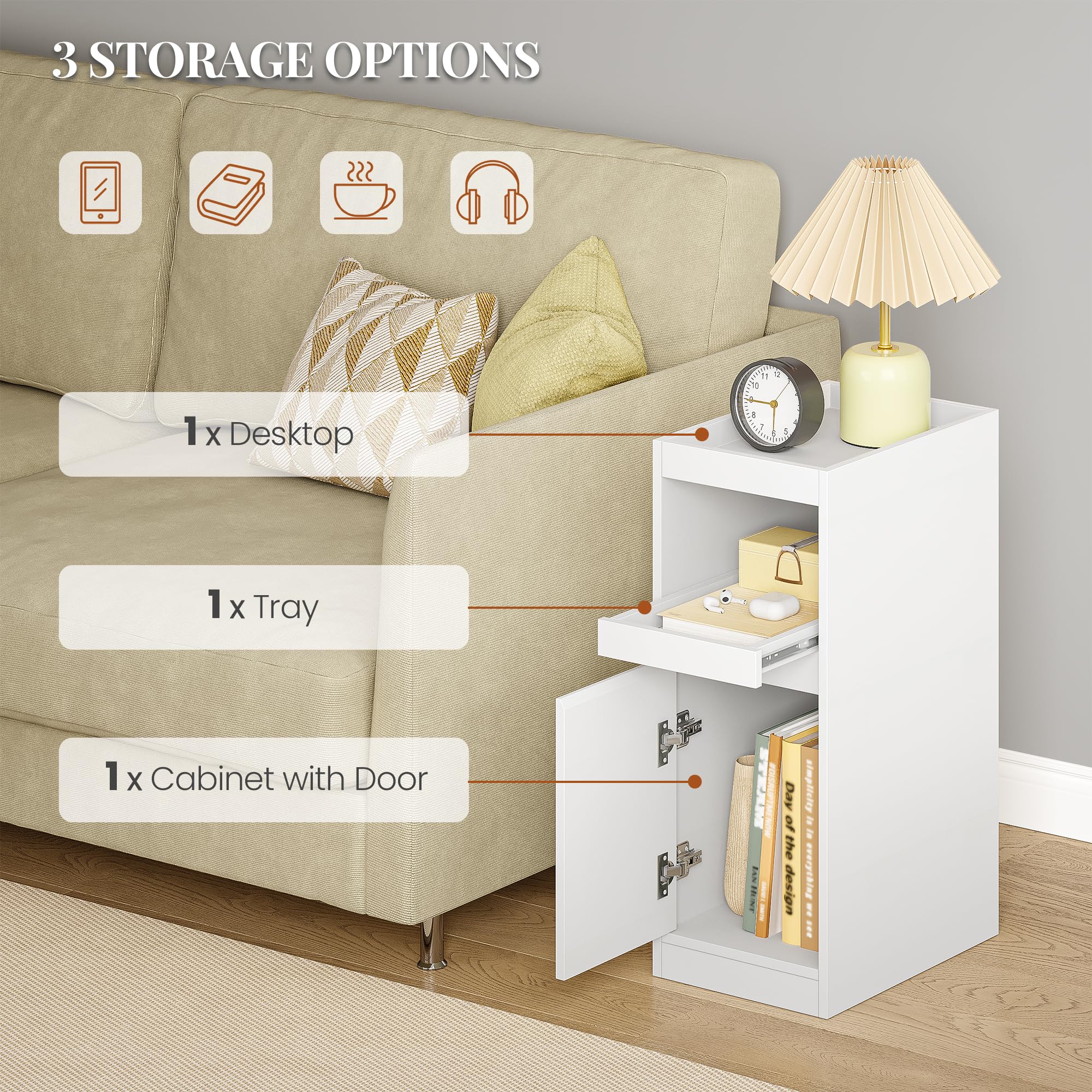 HEXCELEN Schmaler Nachttisch 2er Set mit Tablett, Weiß, 35 × 24 × 64 cm | Beistelltisch mit 1 Tür, Beistelltisch mit 2 Haken, Platzsparend, für Schlafzimmer, Wohnzimmer, Moderner Stil