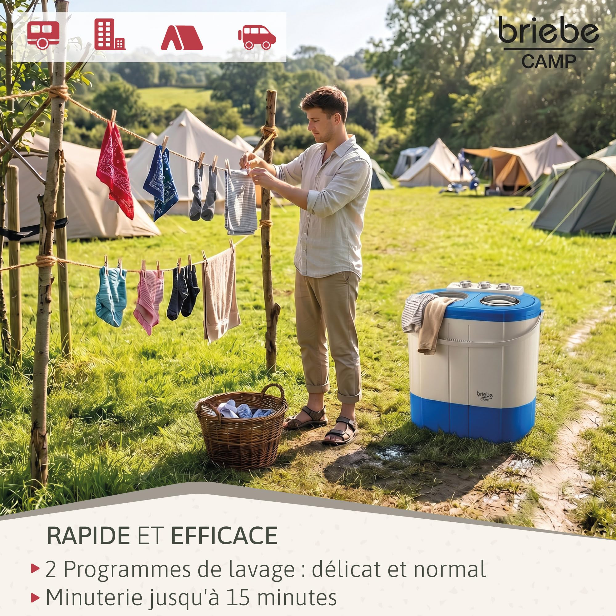 briebe Camp Mini Machine à Laver Portable 3 kg Essorage Camping Caravanes Bleu/Blanc