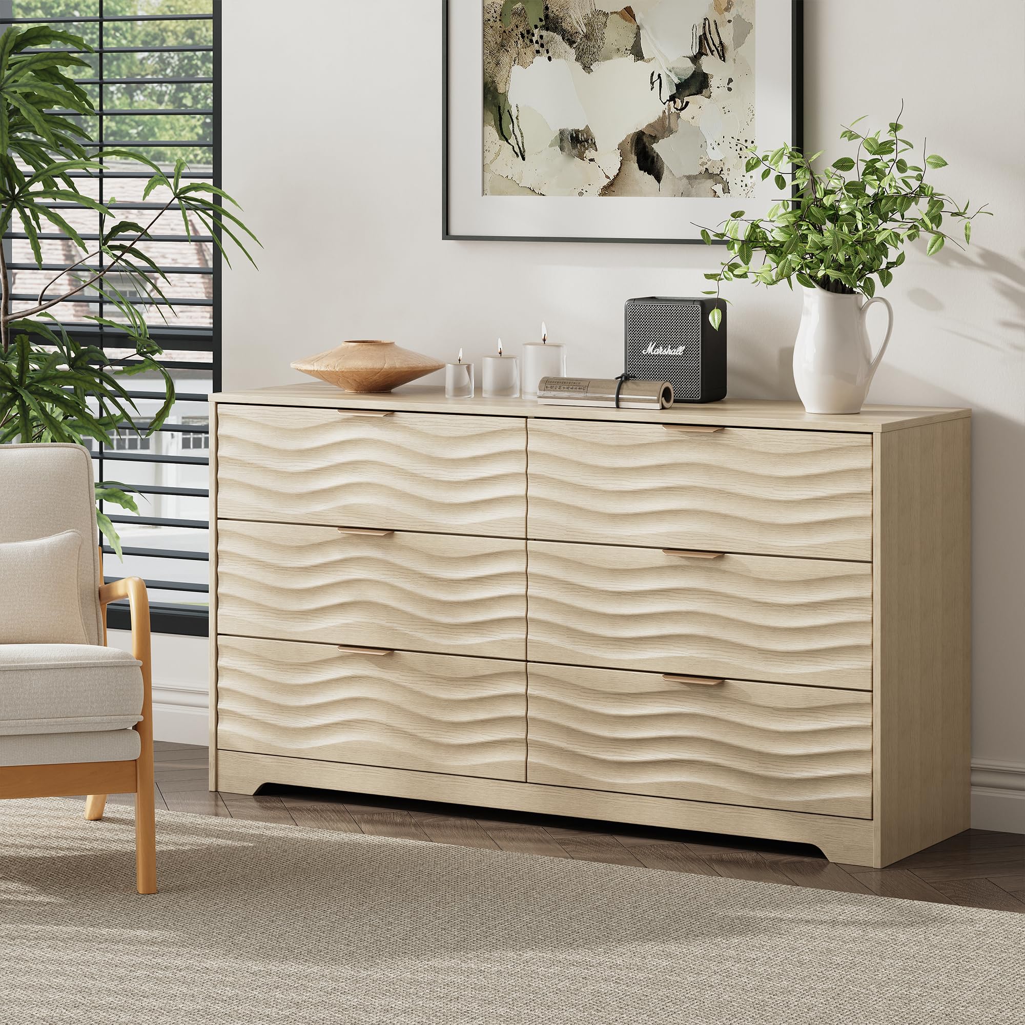 Coastline Fluted 6 Drawers Dresser for Bedroom, 55" Wide Modern Chest of TV Stand Organizers with Metal Handle, Storage Wooden Dresser Drawer for