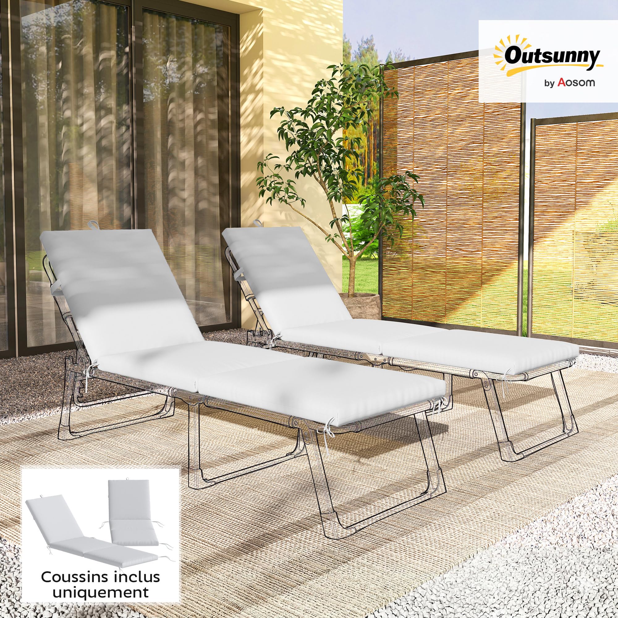 Outsunny Lot de 2 Coussins de Chaise Longue avec 5 Sangles et Poignée Intégrée, Coussin Bain de Soleil Déperlant Extérieur pour Plage Balcon Jardin, 182x53x6cm, Gris Clair