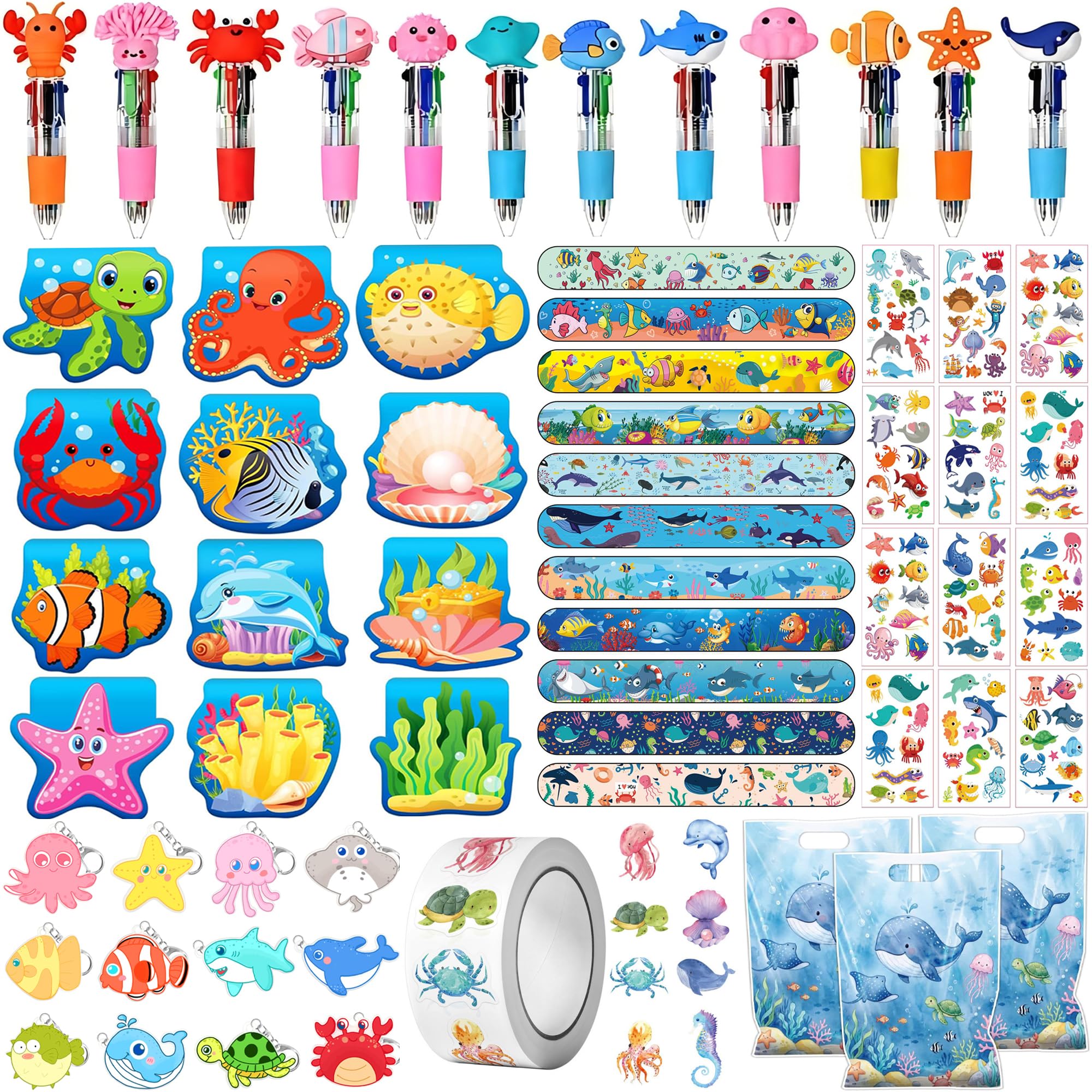 Under the Sea Party Gifts with Mini Notepads Ballpoint Pens Slap Bracelet Temporary Tattoos Keychains Stickers and Goodie Bag for Ocean Animals Themed Birthday Party Supplies Decorations