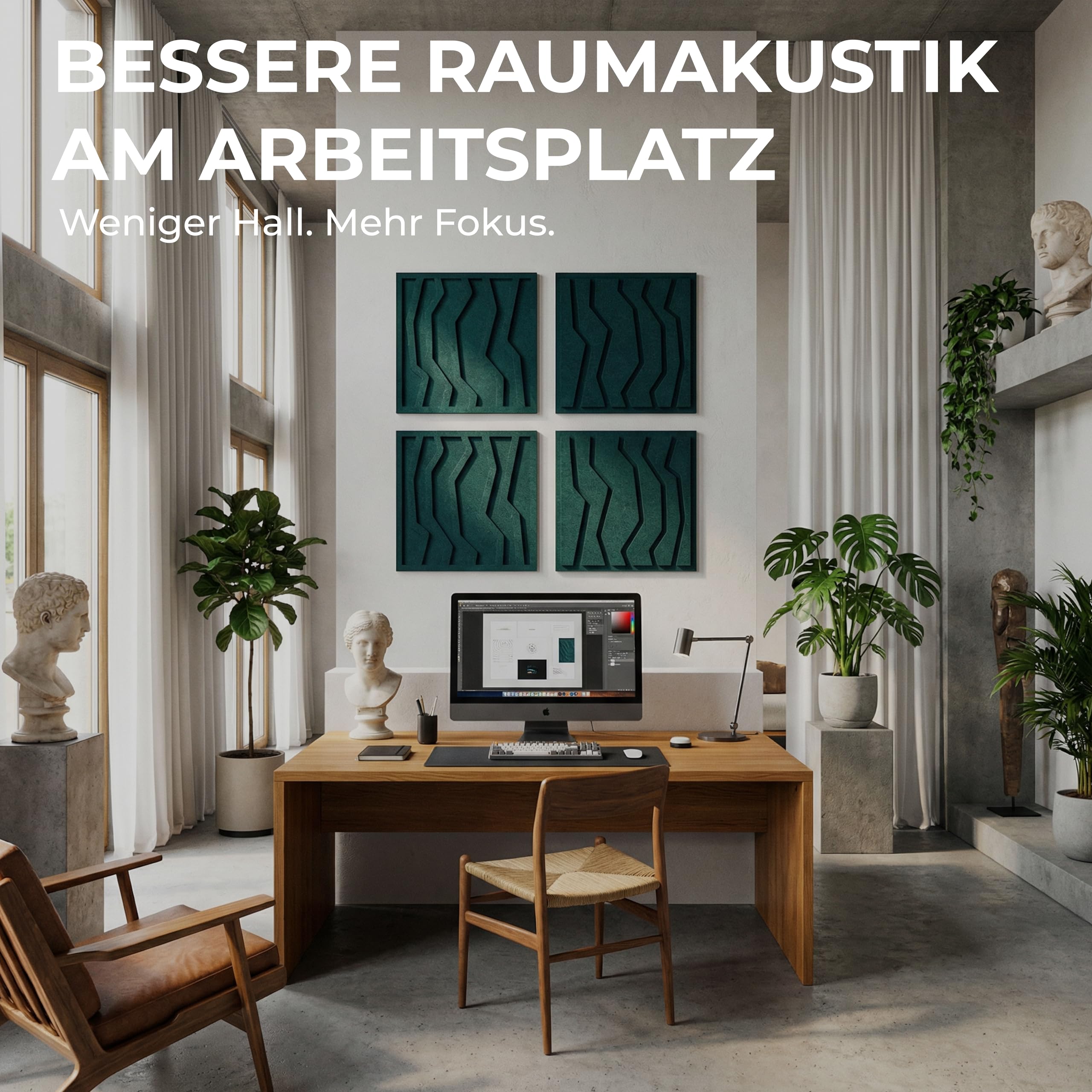 NIC’BRUX® Akustikpaneele 4er Set 40x40 cm – Modernes Akustikbild Wanddesign aus PET-Filz | Schallabsorber Wandpaneele für Wohnzimmer, Büro & Home Studio