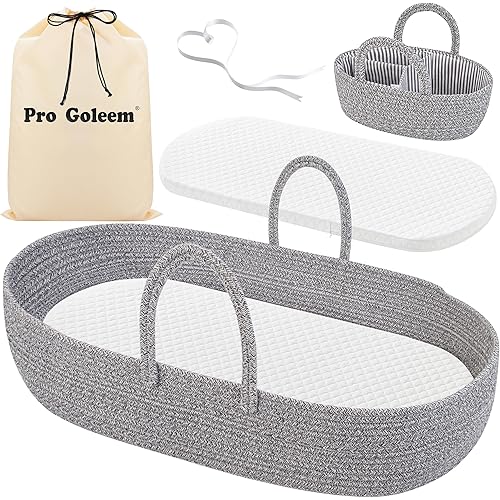 Pro Goleem Baby Diaper Changing Basket, Portable Easy to Clean Moses Basket for Newborn Babies with 1 Foam Pad 2 Waterproof Pad Covers and 1 Diaper Caddy Organizer