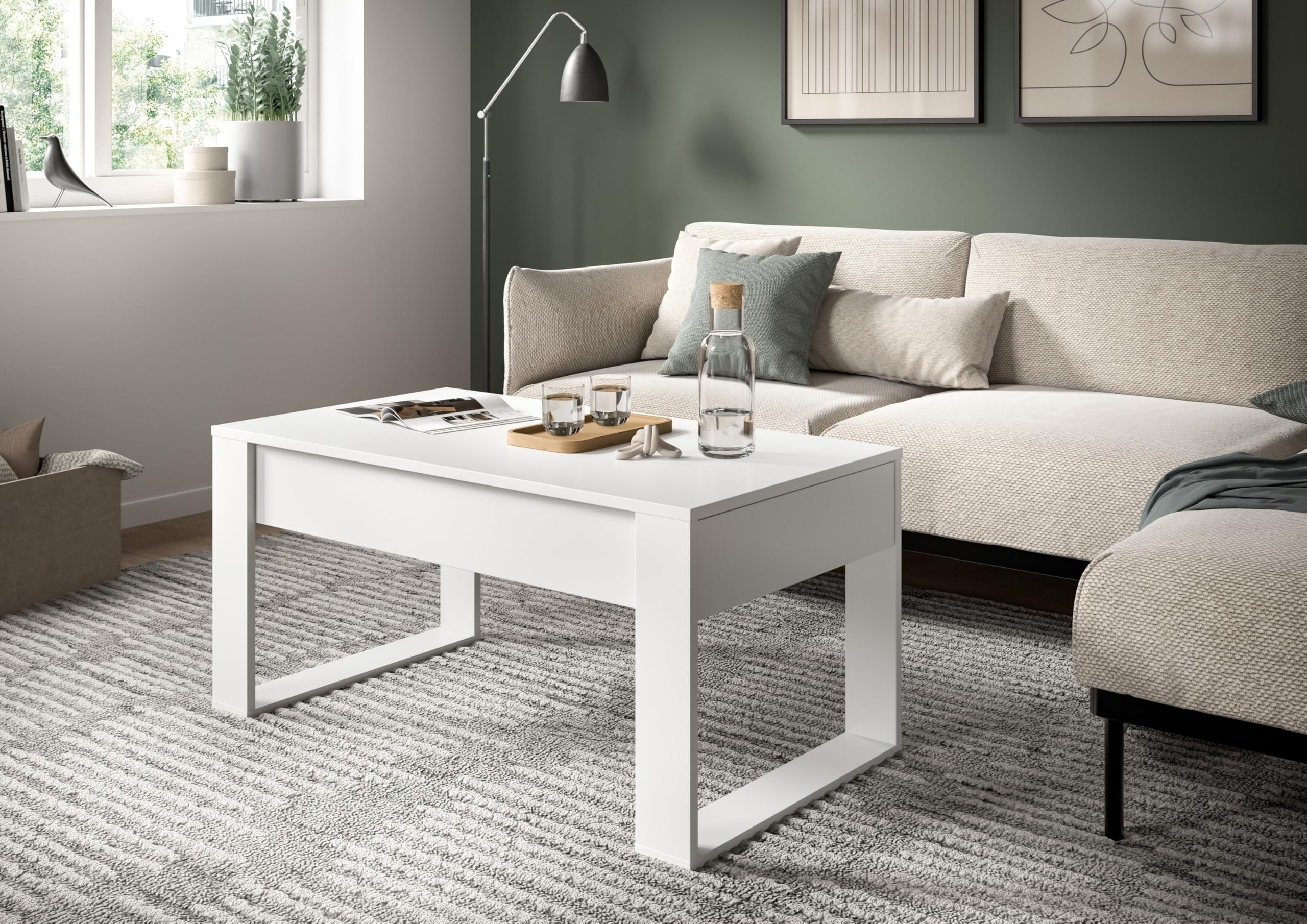 möbelando freiraum Couchtisch Malmö – Moderner Weißer Couchtisch mit 2 Schubkästen, 110x52x60 cm, FSC®-Zertifiziert, pflegeleicht & stabil