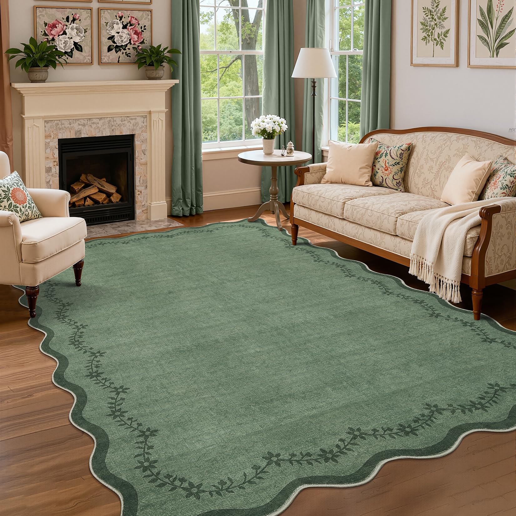 FairyStyle Scalloped Green Large Rugs Living Room, Washable 160 x 230 cm
