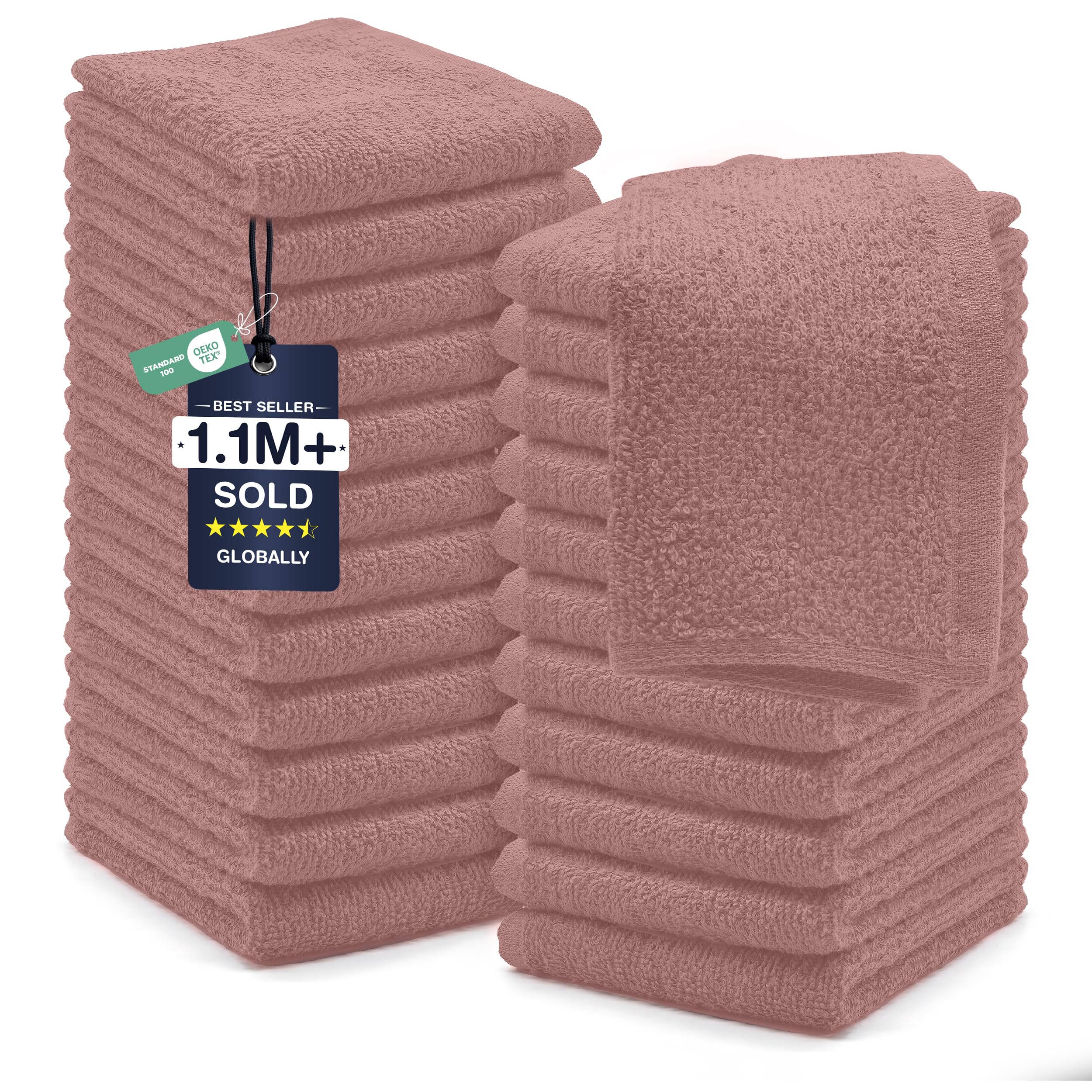 DAN RIVER 24 Pack Cotton Wash Cloths Set for Showering [12x12] Dusty Pink
