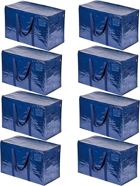 VENO 8 Pack Extra Large Moving Storage Bags with Zips, Heavy-Duty Organizer Tote, Moving Box Alternative, Packing Supplies, Clothes Storage Bin, Tag Pocket for Label, Water-Resistant (Blue - Set of 8)