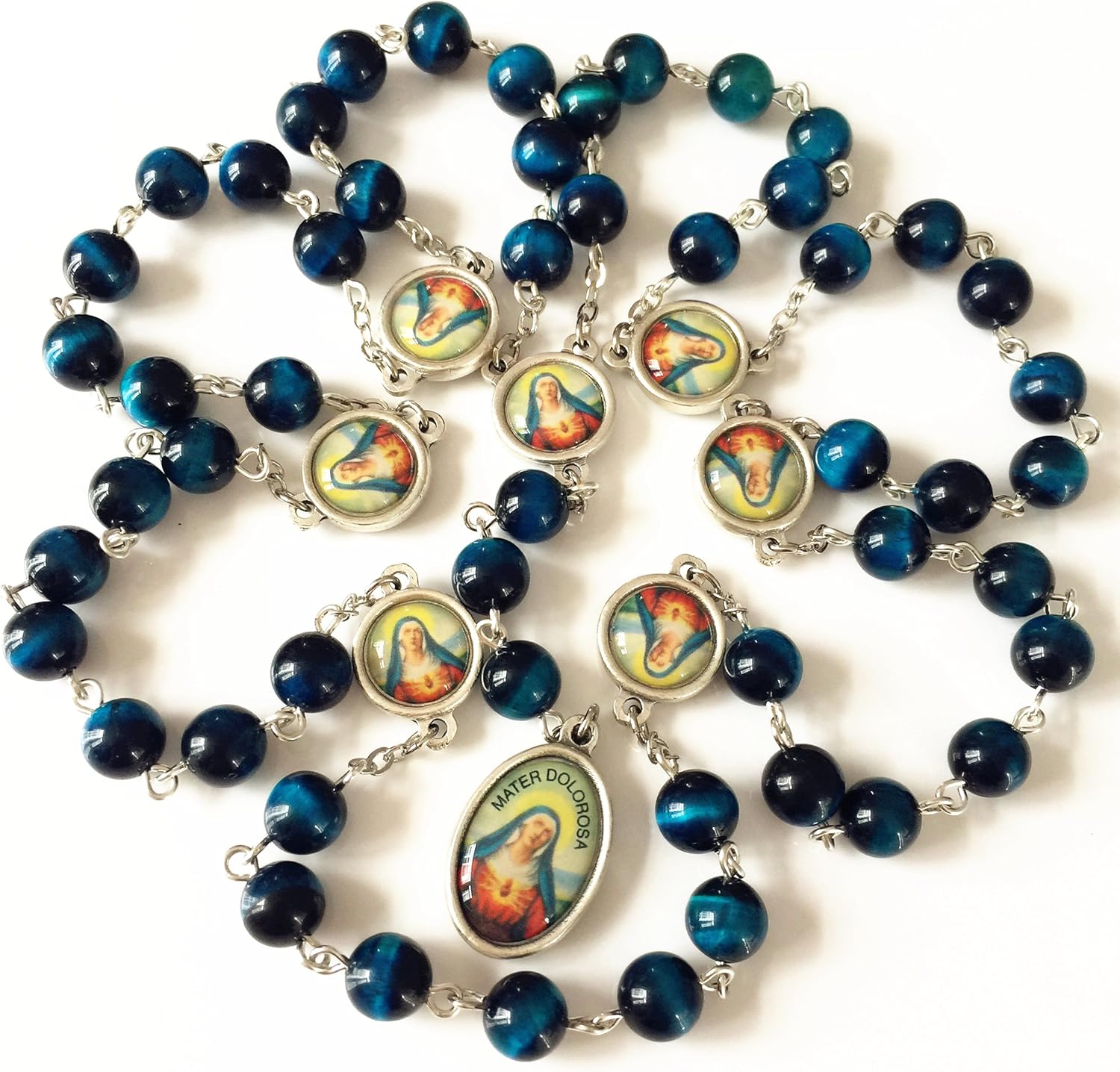 elegantmedical HANDMADE RARE Peacock buleTiger Eye Jade Beads SEVEN 7 SORROWS MARY MEDAL Mater Dolorosa Rosary Necklace Catholic GIFTS - Image 2