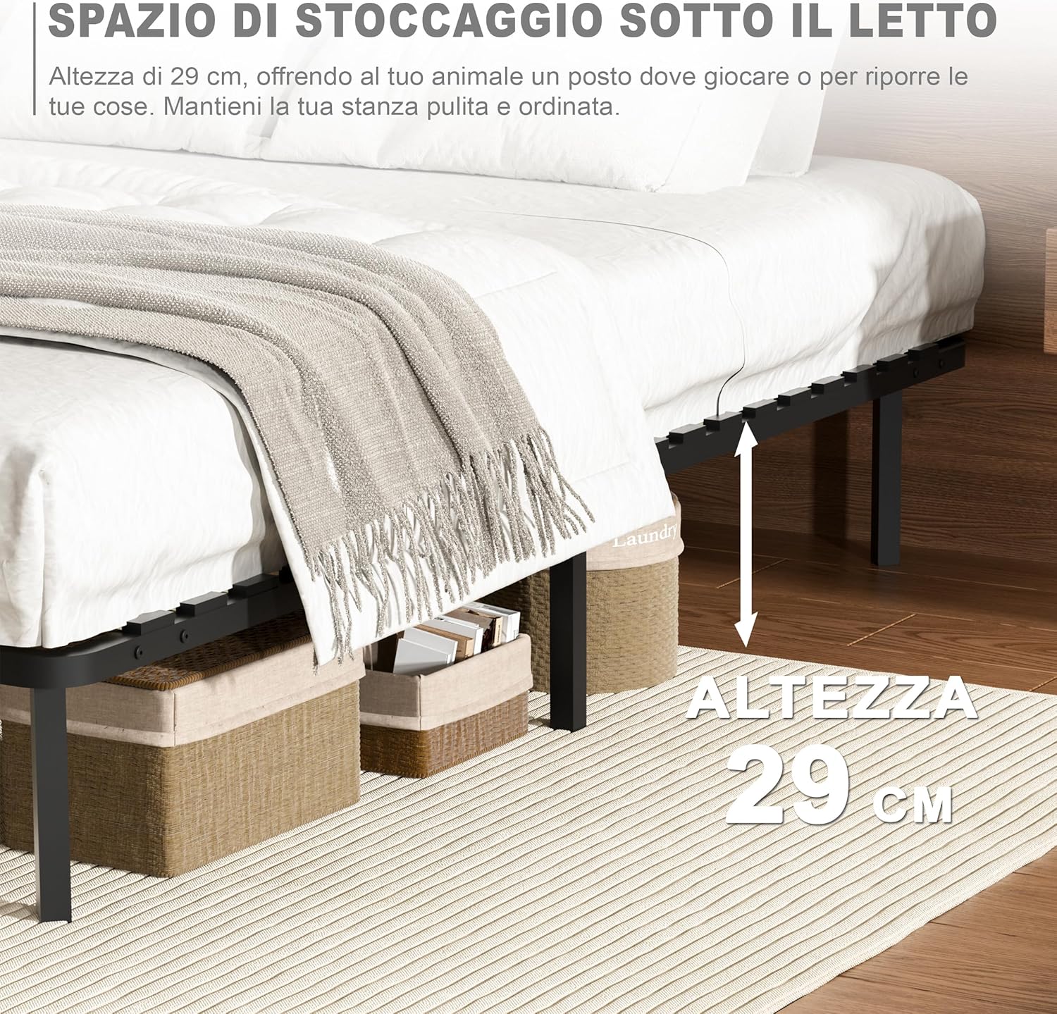 Close-up of the TEENO bed frame showing the 29cm under-bed storage height.