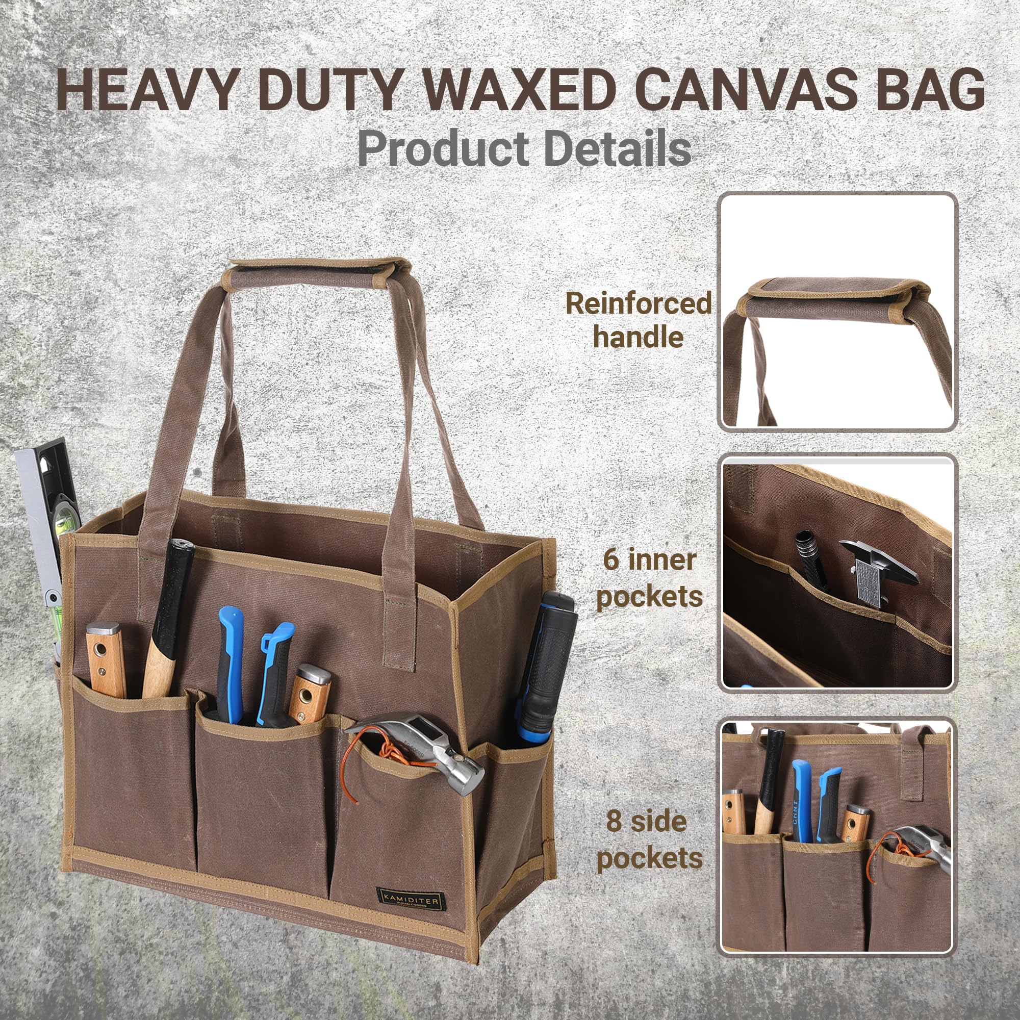 Bolsa de herramientas de lona encerada, organizador de bolsas de herramientas de jardín con 14 bolsillos adicionales y asa extraíble, 16.5 x 6.5 x 12.5 pulgadas, gris