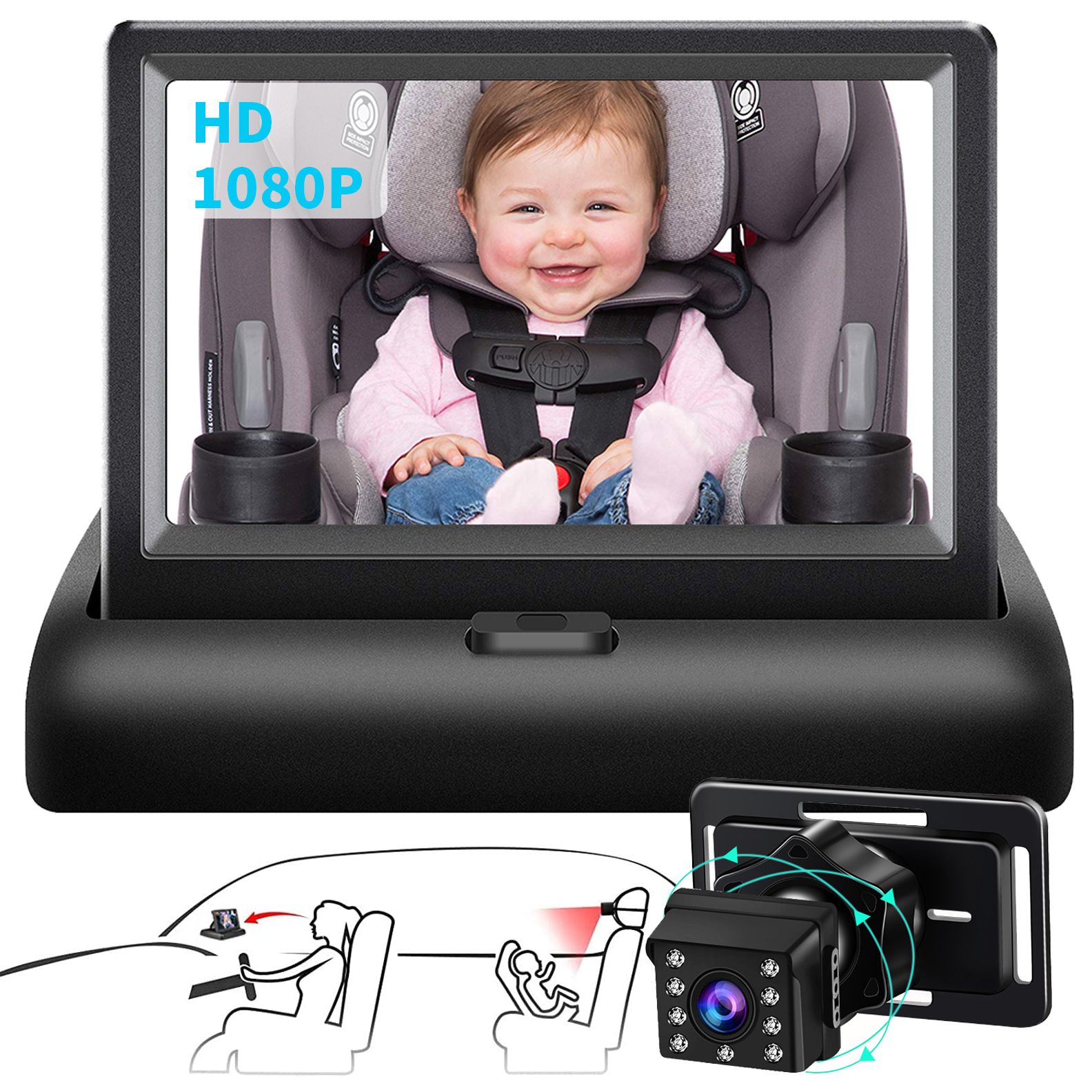 Cuplu 1080P 4.3 HD'' Cámara de Bebé para el Coche - Cámara para Bebé Asiento Trasero de Visión Nocturna - Cámara para Coche de Bebé Ajustable con Visión Amplia y Clara,Visión Nocturna Perfecta