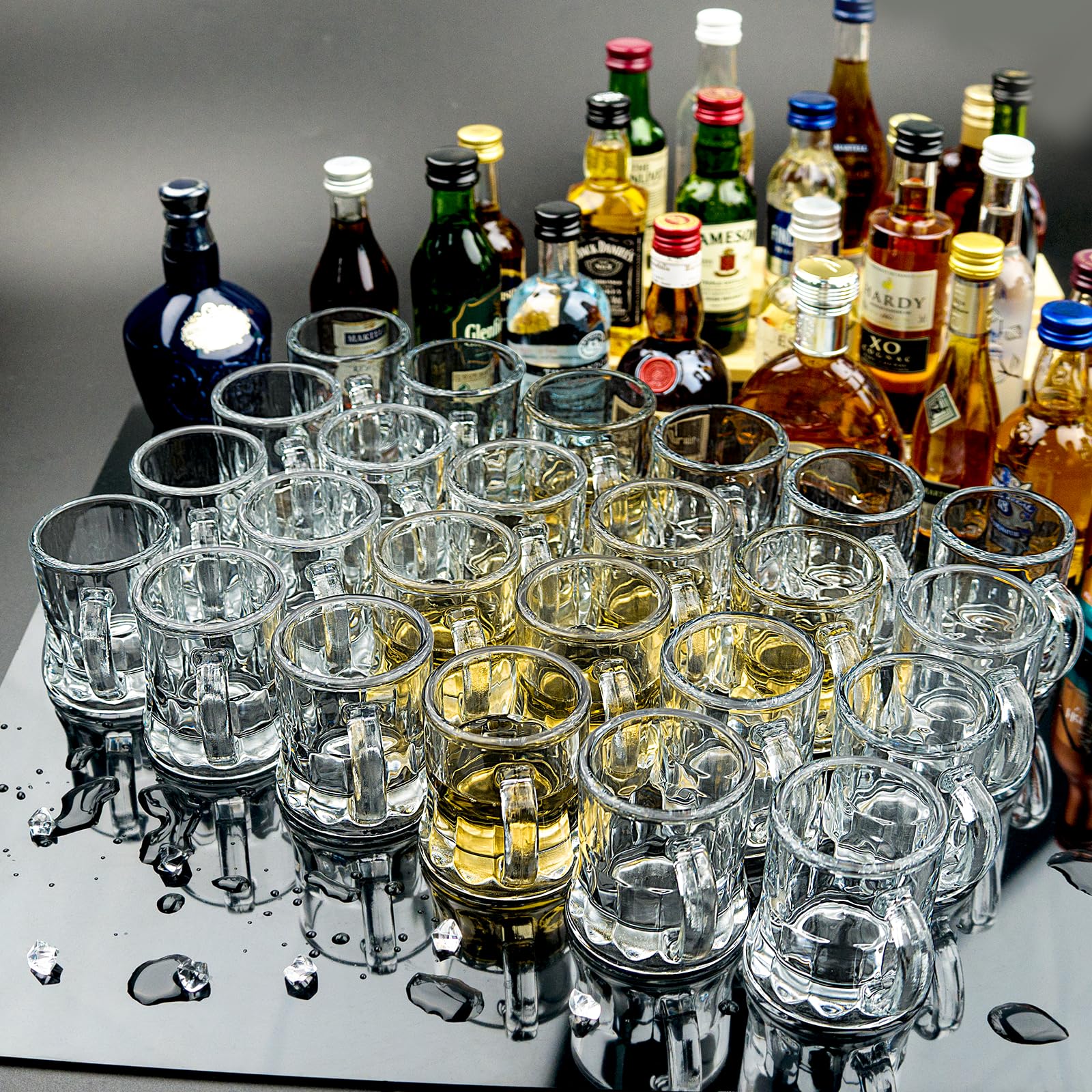 Mini tazas de cerveza, 40 vasos de chupito de vidrio real, vidrio transparente de 1 onza con asas, vasos de degustación de cerveza de base pesada para cervezas, whisky, tequila, vodka