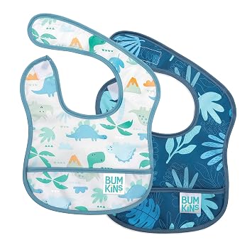 Bumkins Bibs, for Baby Girl or Boy, Infant 3-9 Months,Essential Must Have for Eating, Feeding, Baby Led Weaning, Mess Saving Waterproof Soft Fabric, Starter Bib 2-pk Blue Tropic and Dinosaurs