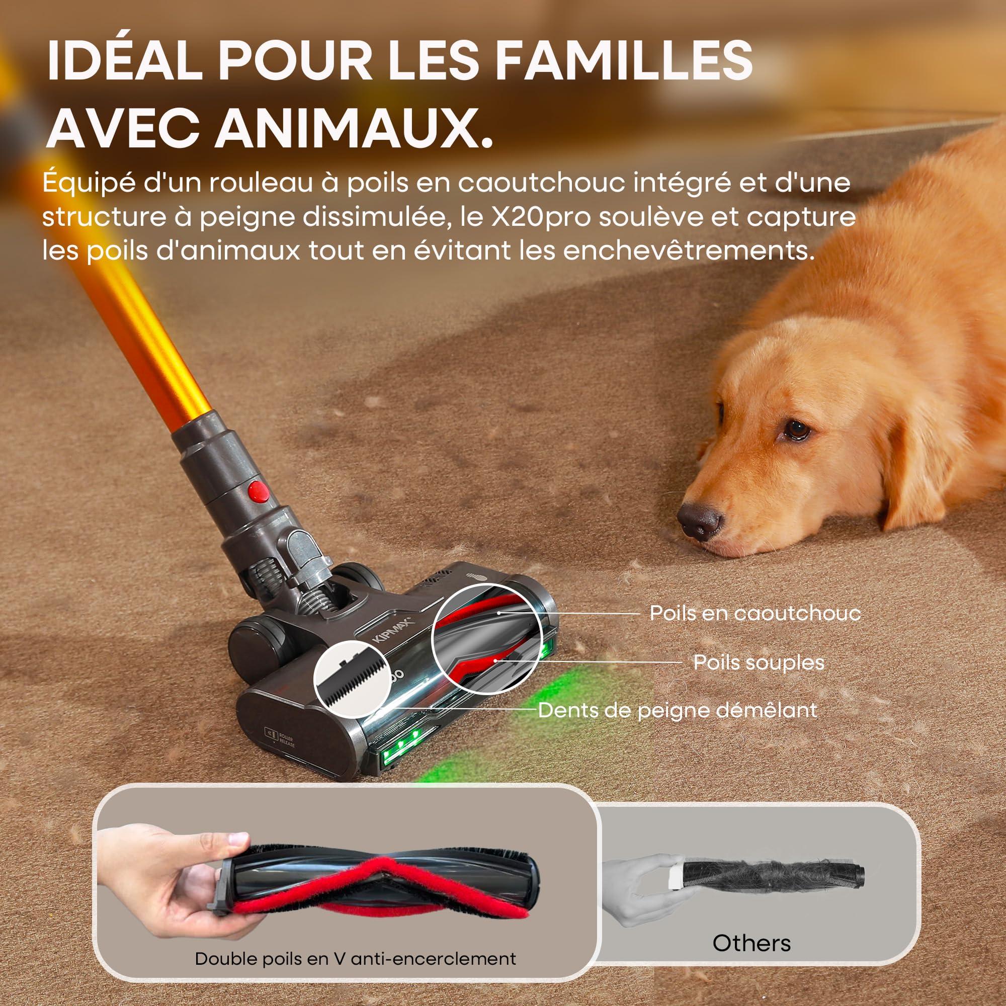 KIPMAX Aspirateur Balai sans Fil, pour Sols Durs, Tapis, Animaux et Voiture, 550W/50KPa/70Mins Aspirateur sans Fil Puissant, avec Base de Chargement et de Rangement, Parfumé, Brosse Anti-Enmêlement
