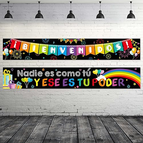 Blulu Cartel de bienvenida en español, cartel inspirador en español para el primer día de escuela, cartel motivacional con 40 puntos adhesivos para