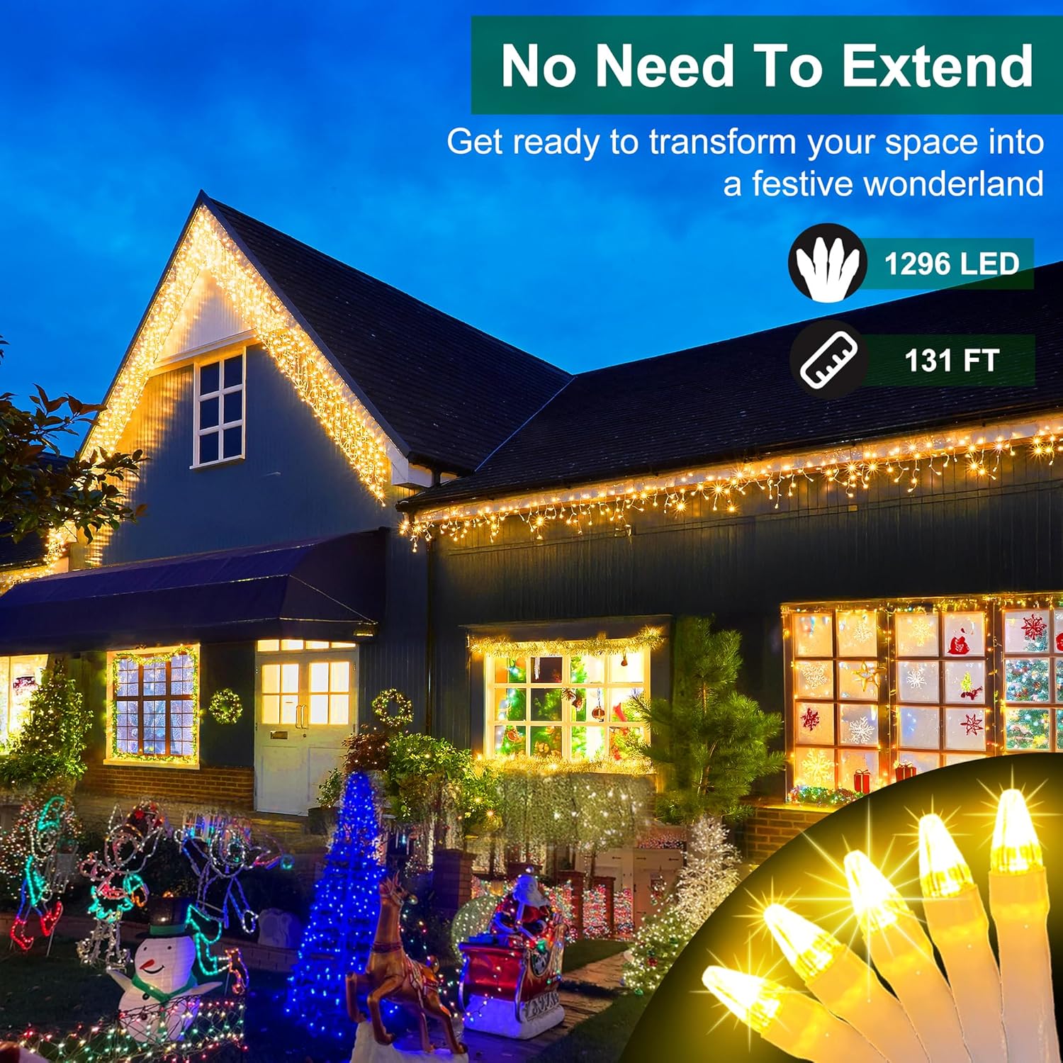 1296 led outdoor christmas lights with 288 drops, 131ft christmaslights with 8 modes timer, christmas twinkly lights ip44 waterproof for eaves yard room holiday wedding party decor warm white warm white 1296led 131 ft with 288 drops