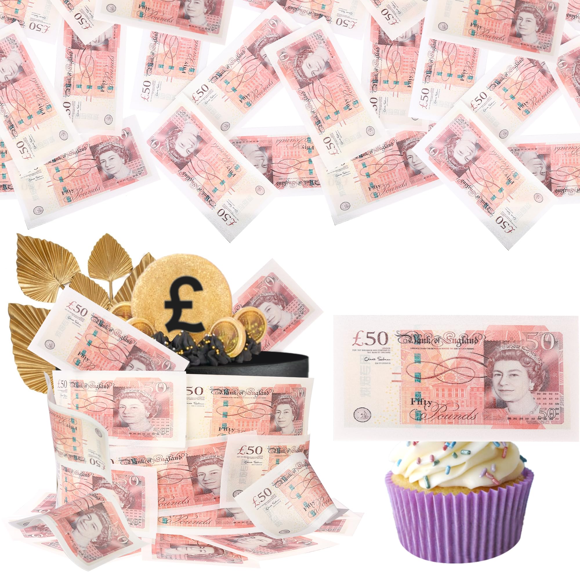 SYKYCTCY 50 Pack Edible 50 Pound Notes Pre Cake Toppers Edible Wafer Paper Fake Money Cake Picks Baby Shower Pounds Birthday Anniversary Cake Decorations Party Supplies