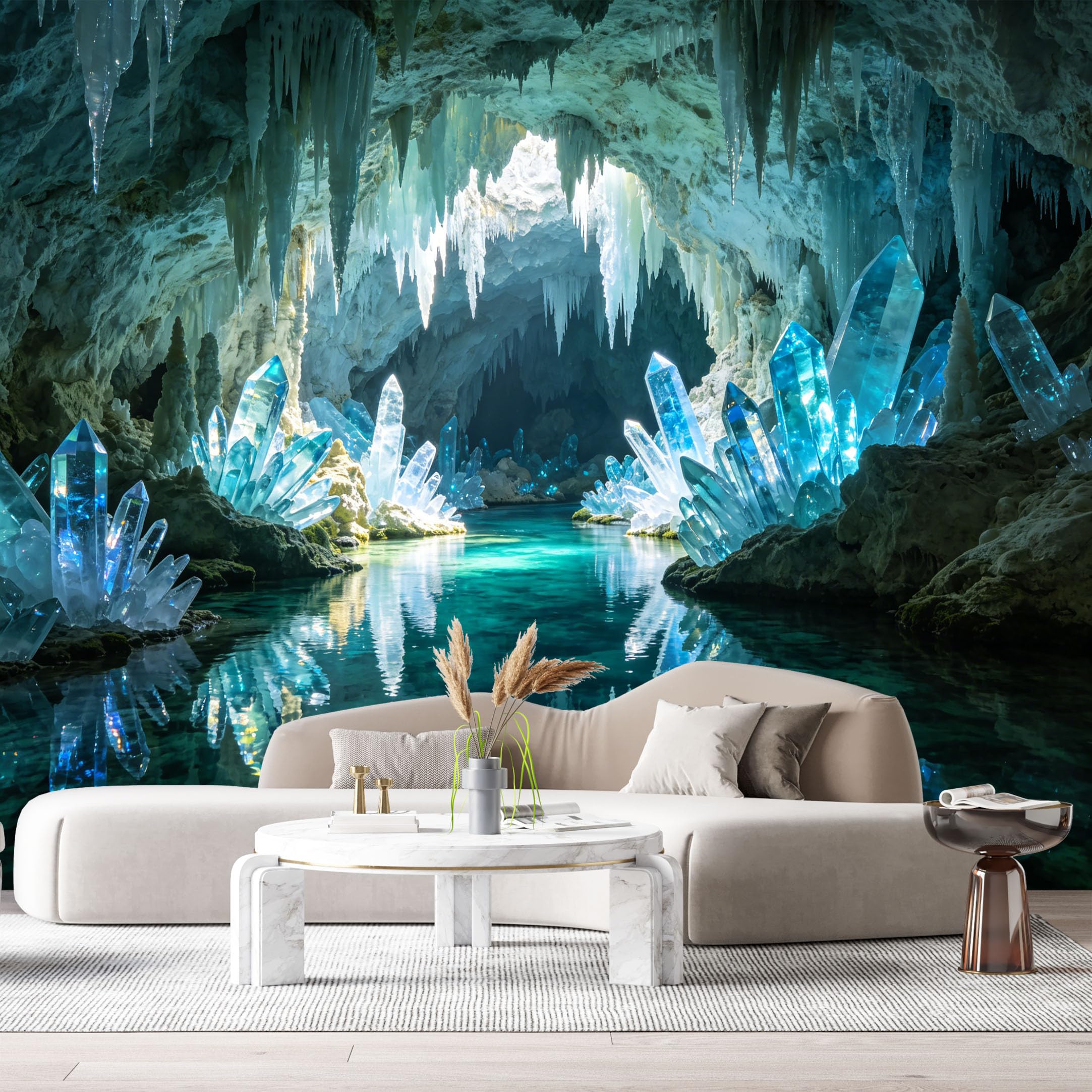 Custom Size Wall Murals Glowing Blue Crystal Cave Underwater Lake 3D Trompe L'Oeil SelfAdhesive Wall Fabric Removable Large Wallpaper for Photo Living Room