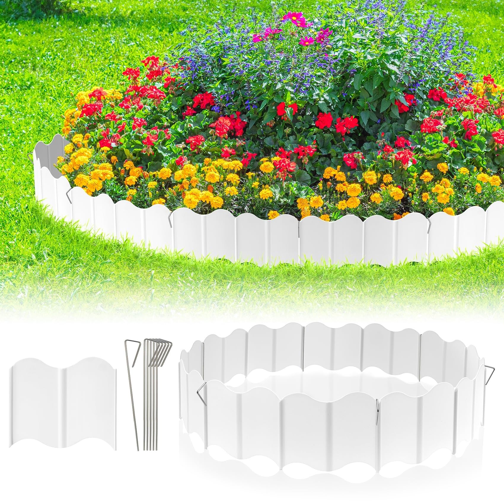 THE WHITE SHOP Garden Edging Border, 20PCS Plastic No Dig Landscape Edging Border, 13.12ft Length Garden Fencing with Edging Stakes, Interlocking Garden Border Lawn Edging for Flower Bed Landscaping P