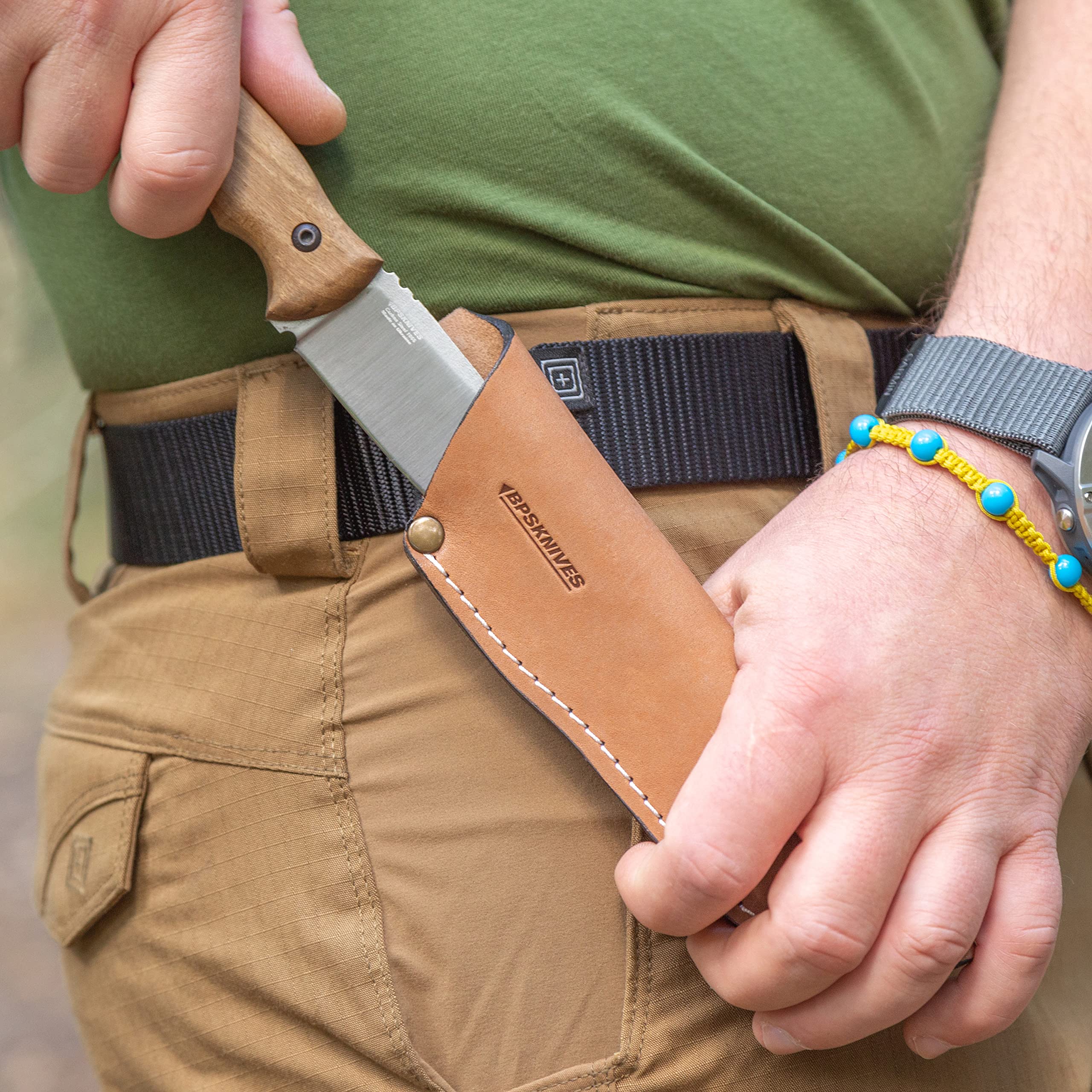 BPSKNIVES HK4 CSH - Couteau en acier au carbone à lame fixe - Couteau de à soie pleine avec étui en cuir - Couteaux de camp fait main avec manche en bois