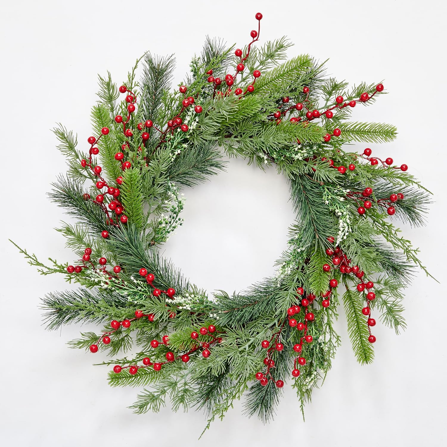 23" Artificial Christmas Mixed Evergreen Pine & Red Berry Wreath
