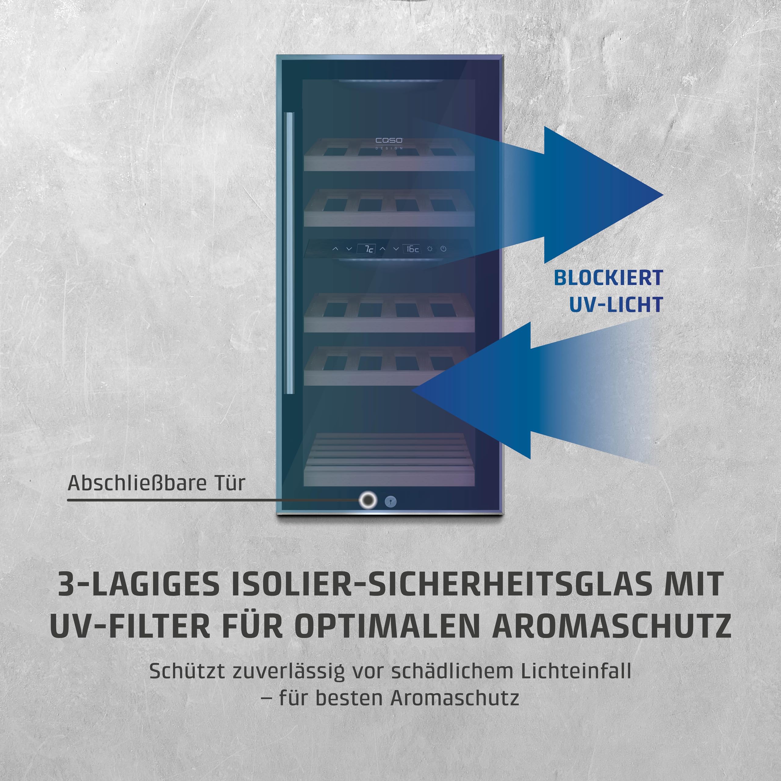 Caso WineComfort 24 black, Weinkühlschrank für 24 Flaschen, 2 Zonen auf 5-20°C einstellbar,Sensor- Touch, LED beleuchtet freistehend, UV-Filterglas, Schwarz