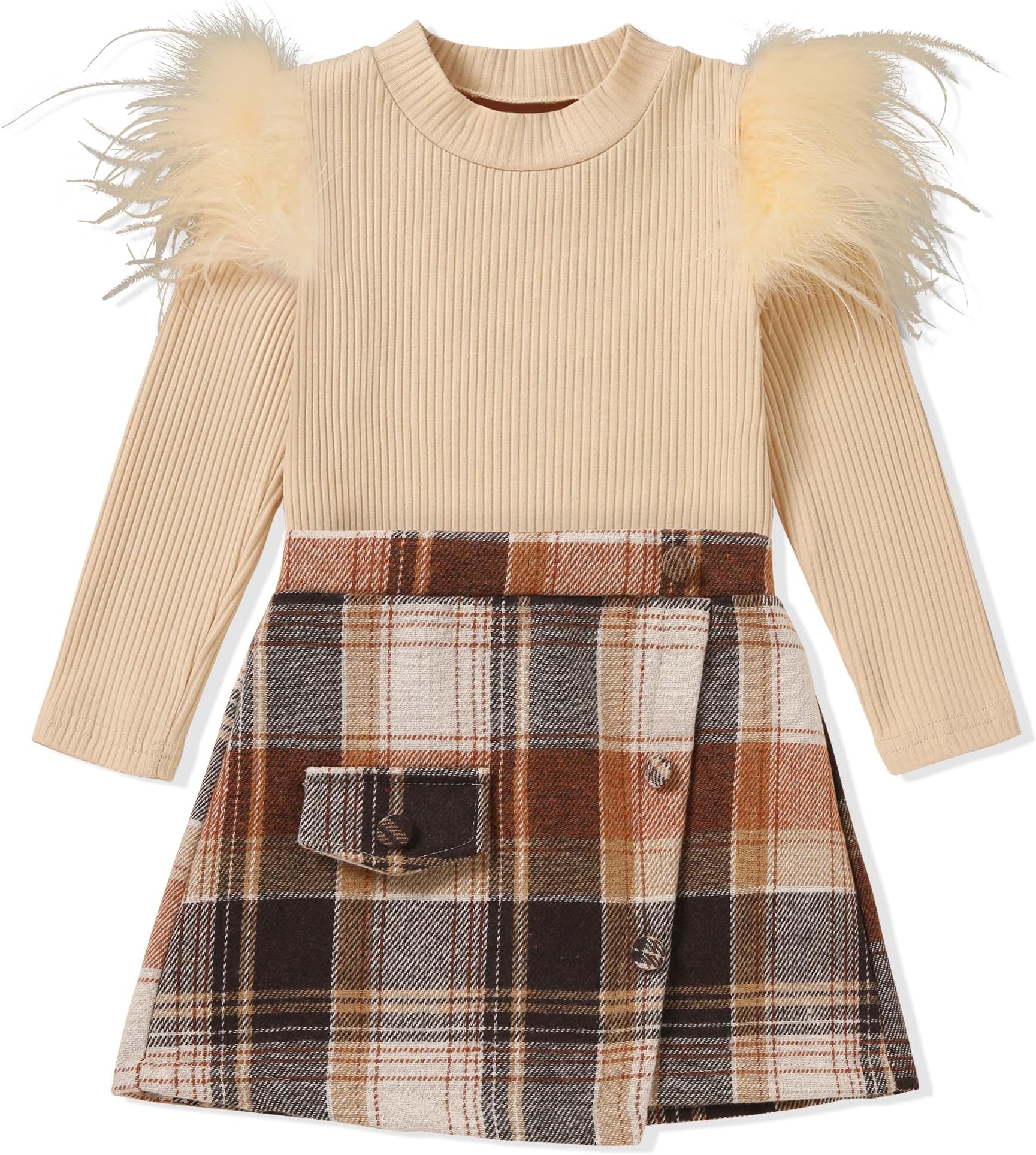 Baby Girl Clothes Set 1-6 Years Round Neck Ribbed Long Sleeve T-Shirt Top + Plaid Skirt Fashion Set 2Pcs Toddler Kids Girl Fall Winter Outfits