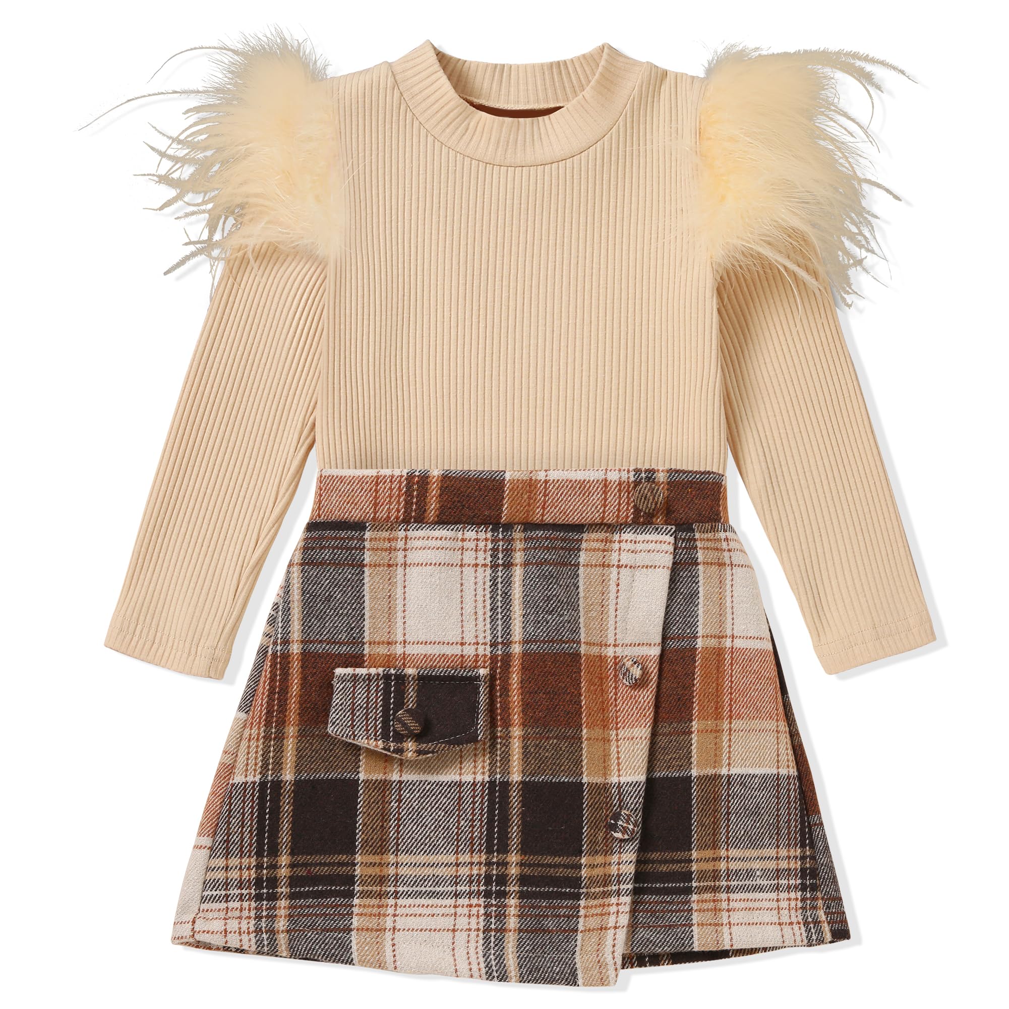 LufebutBaby Girl Clothes Set 1-6 Years Round Neck Ribbed Long Sleeve T-Shirt Top + Plaid Skirt Fashion Set 2Pcs Toddler Kids Girl Fall Winter Outfits