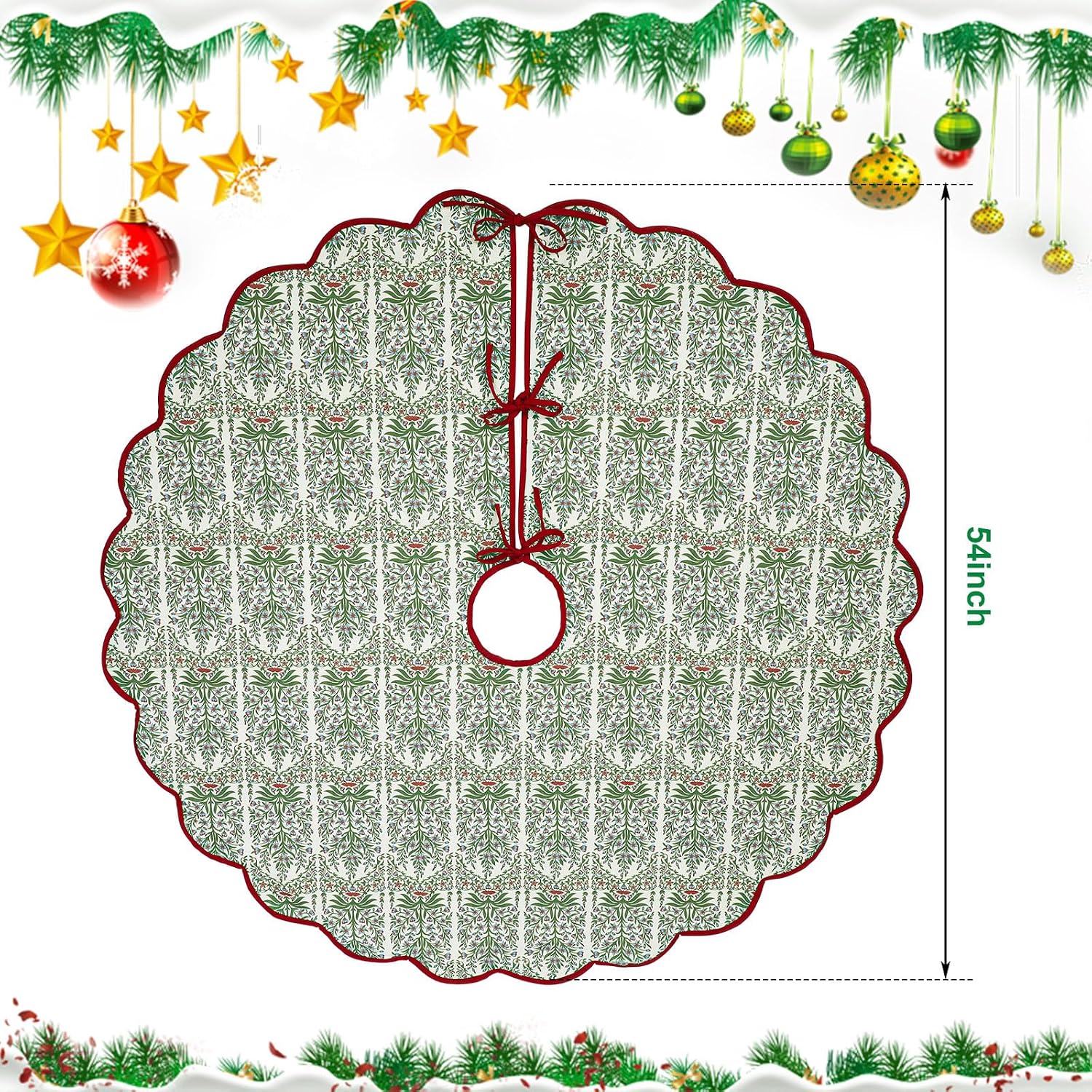 MiniInflat Christmas Tree Skirt Cotton Floral Block Tree Skirt in Nature Color for Home Xmas Party Seasonal Holiday Decoration Indoor Outdoor(60 Inch,Prune Red)