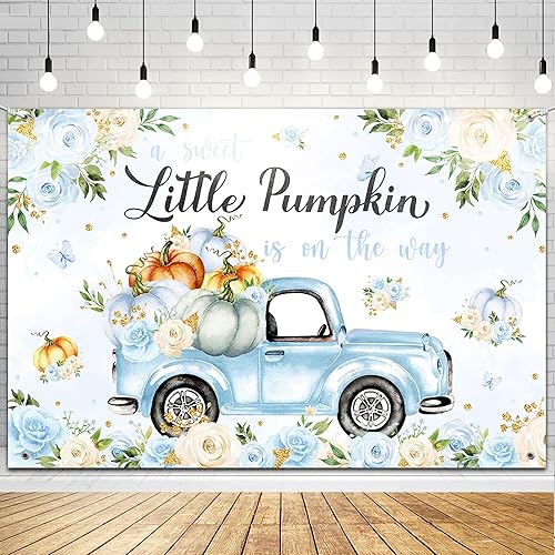 Fondo de decoración de baby shower con diseño de calabaza pequeña para niño, A Sweet Little Pumpkin is On The Way Fall Blue Floral Truck Fotografía