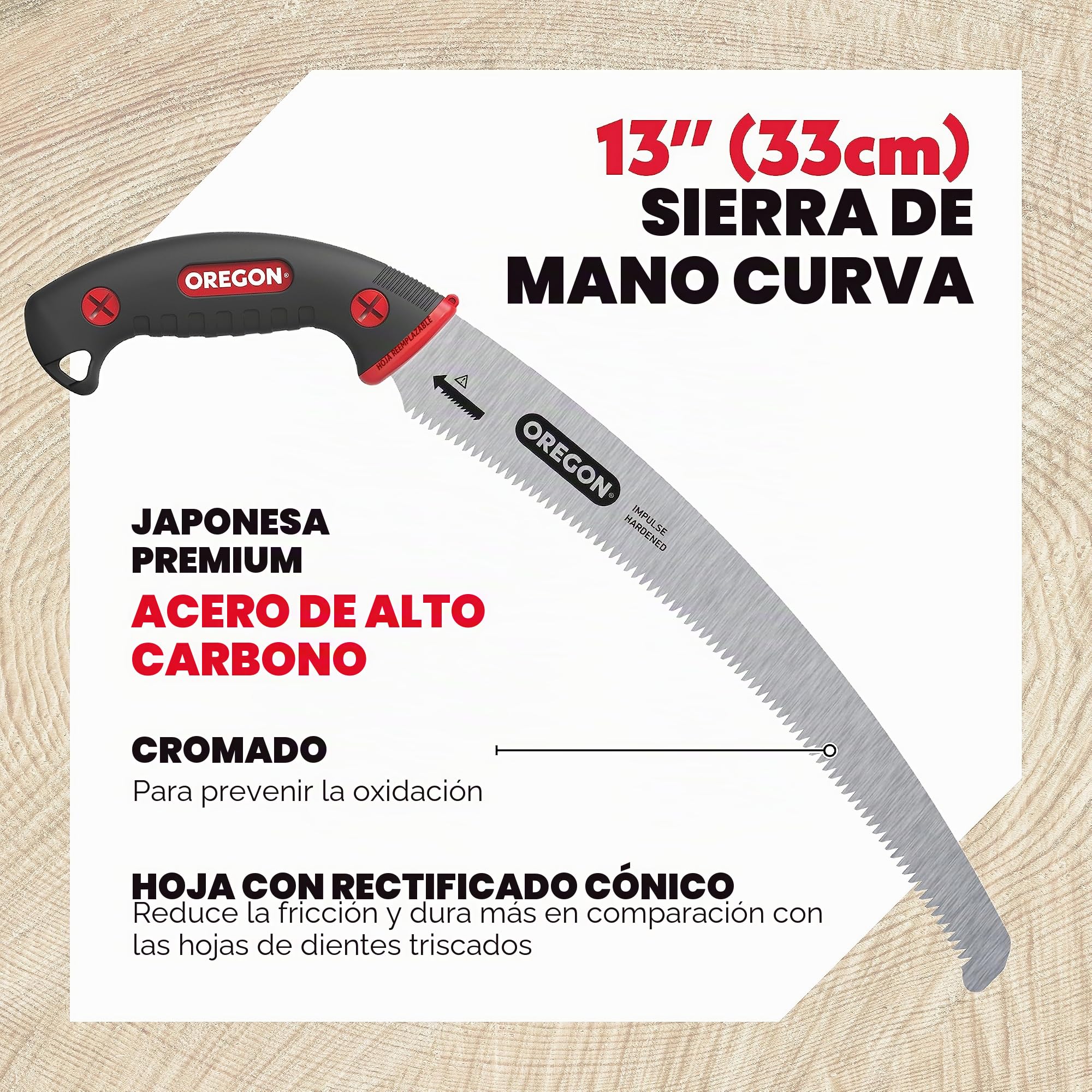 Oregon Sierra Manual Curvada de 13", Acero Japonés Alto en Carbono, Herramienta Inoxidable para Podar, Talar y Cortar, Hoja Curvada con Funda de Seguridad (600136)