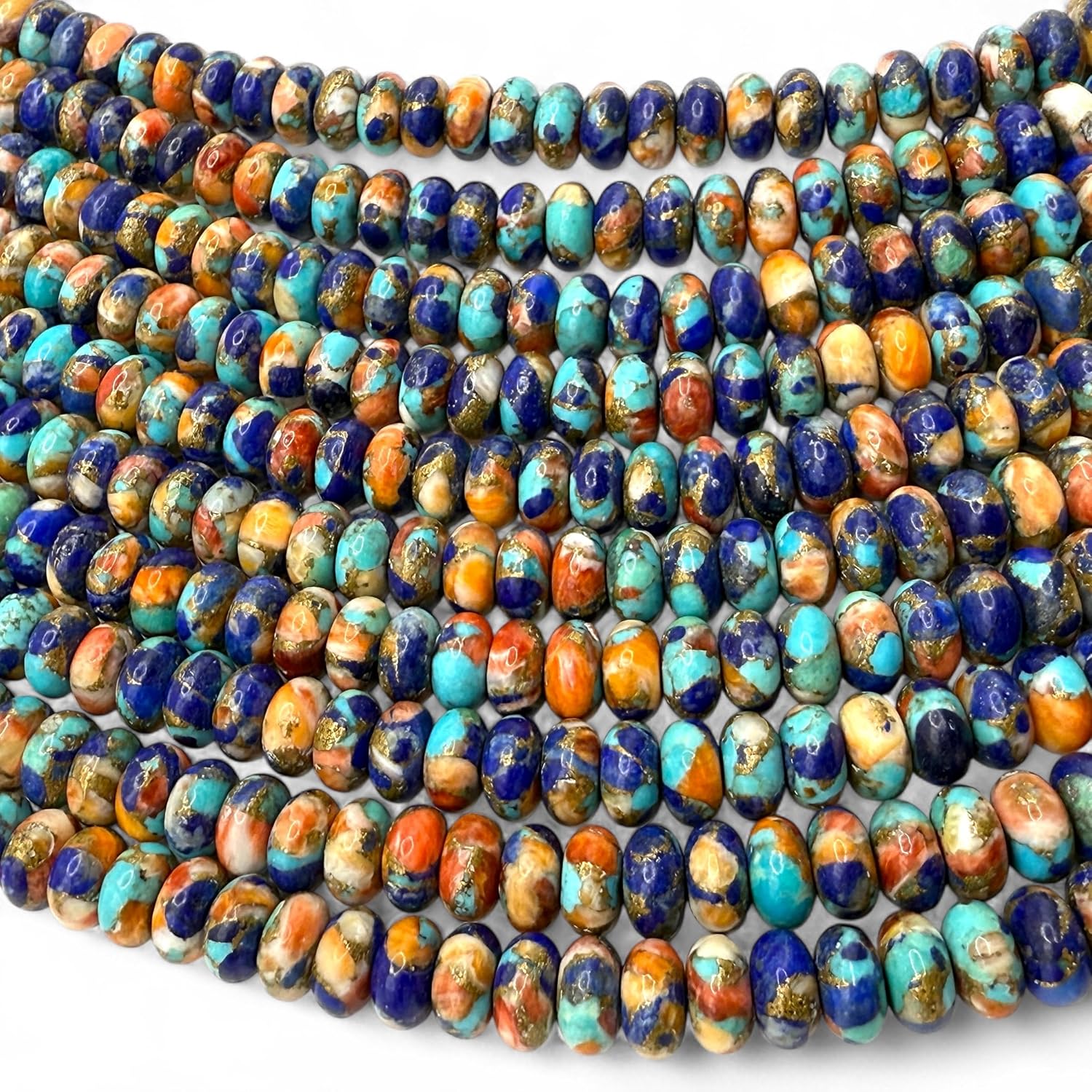 ABCGEMS 3-Color Spiny Oyster Shell, Mohave Copper Turquoise, Lapis Lazuli Beads (Small Batch Production- Revolutionary Composite Inlay Technique) Smooth Rondelle 8mm (Full Strand)