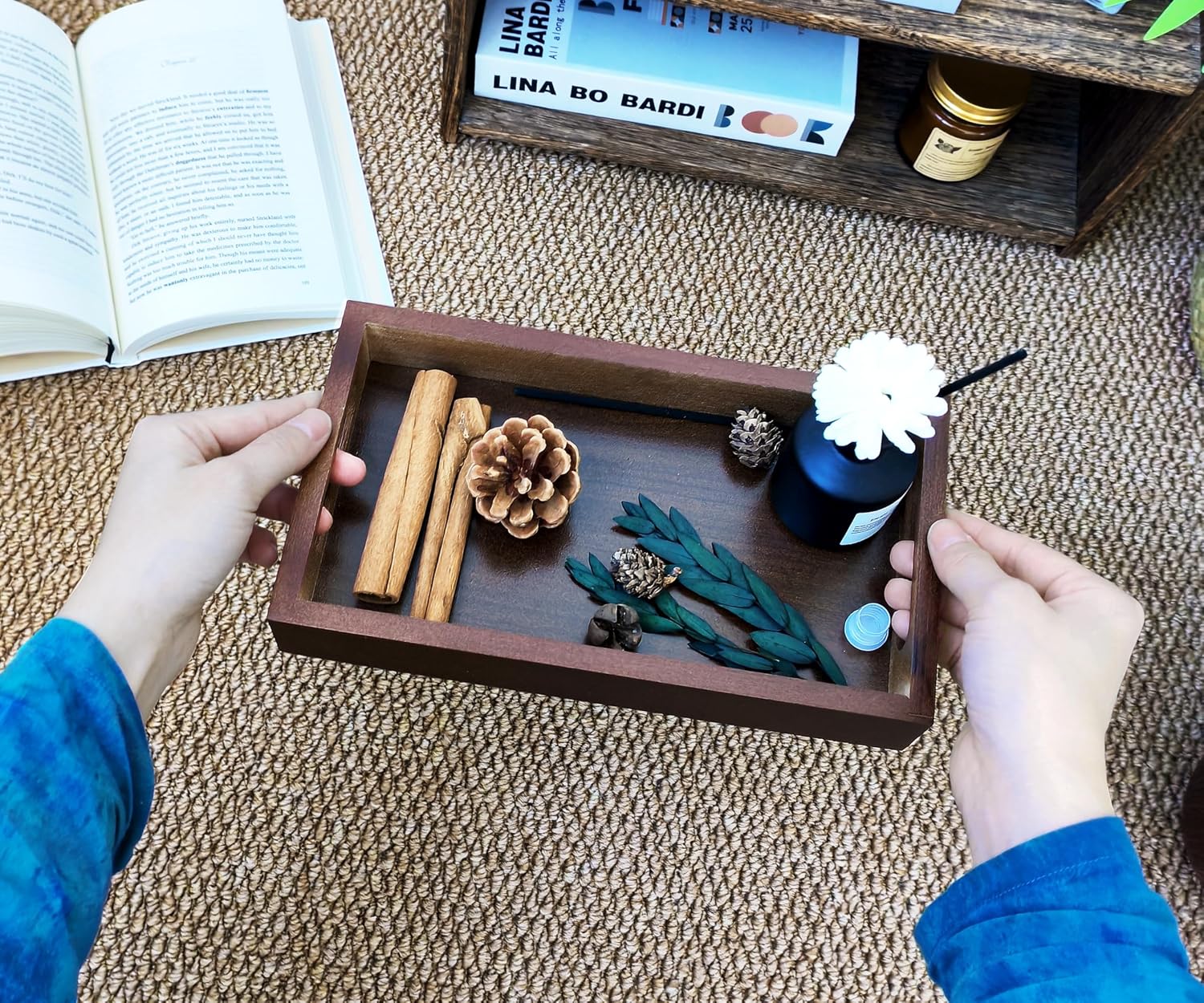 Small Rustic Serving Tray with Handles - 9.8 Inch Bamboo Rectangular Tray for Coffee Table, Kitchen Counter, Ottoman | Decorative Organizer Tray for Food, Drinks, Snacks, Bathroom Essentials
